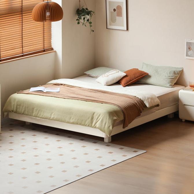 Birch Solid Wood White Cream Platform Bed - No Headboard - Modern Minimalist Bed Frame for Bedroom, Guest Room, or Studio Apartment