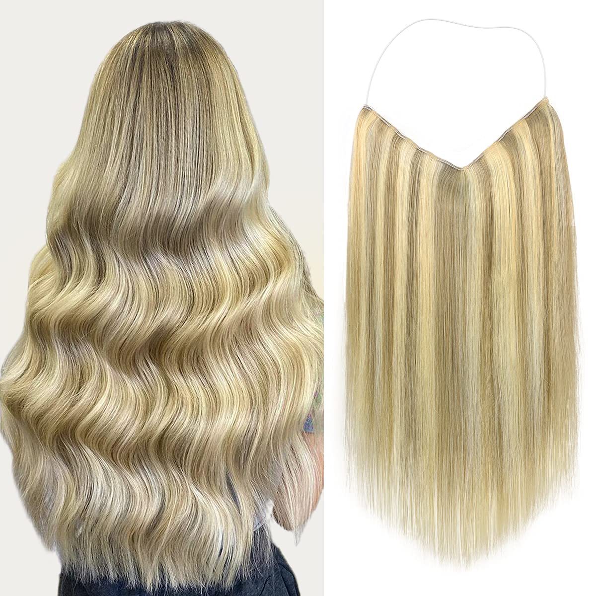 Marat 18-Inch 95g Light Blonde Highlighted Golden Blonde Remy Human Hair Extensions with Invisible Fish Wire - Real Human Hair Clip-Ins for Volume & Length - Perfect for Parties, Weddings & Daily Styling
