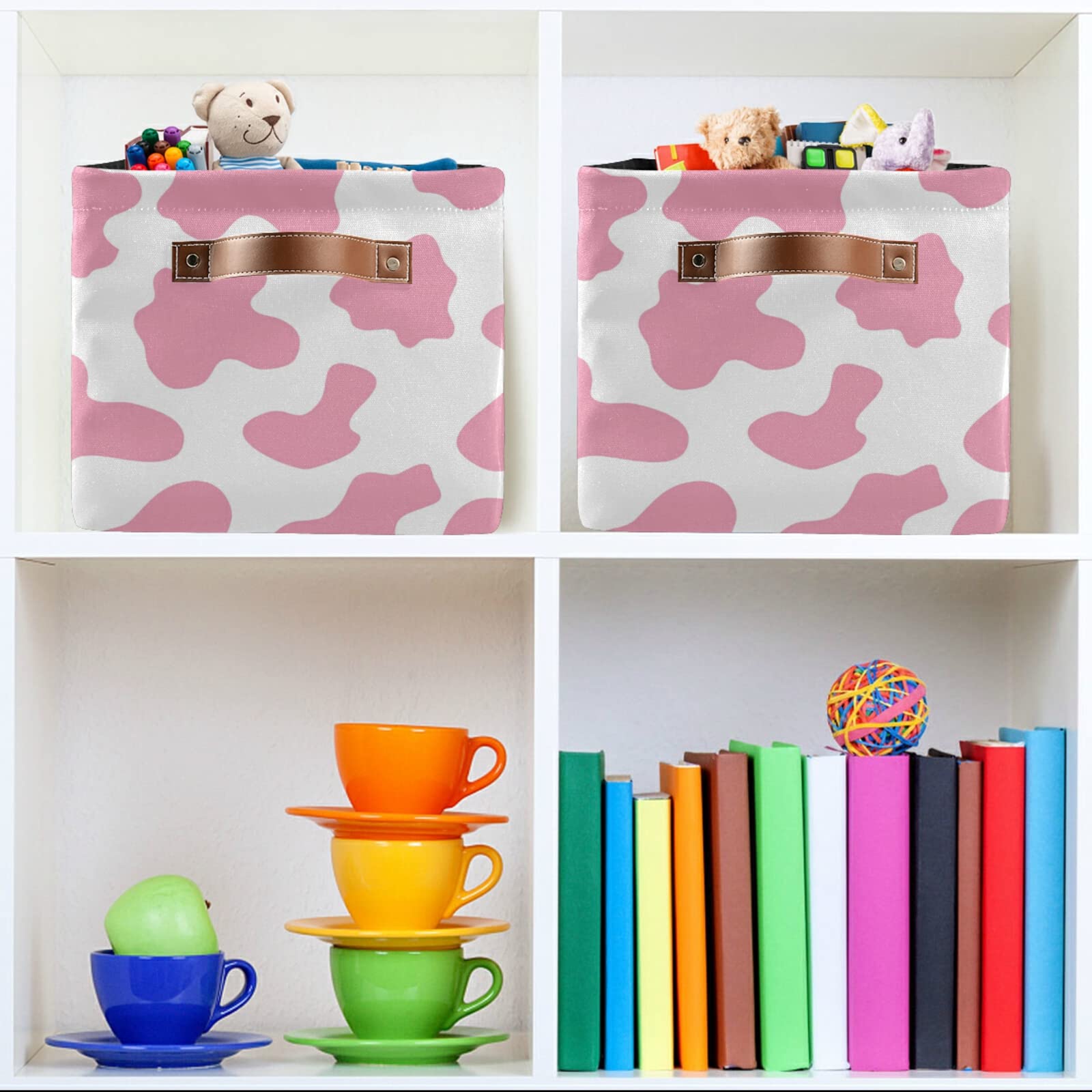Pink Cow Collapsible Storage Basket with Leather Handles - Foldable Rectangular Storage Bin for Home Organization, Kids Room Decor & Nursery Storage | Perfect for Toys, Books, Blankets & Closet Organization
