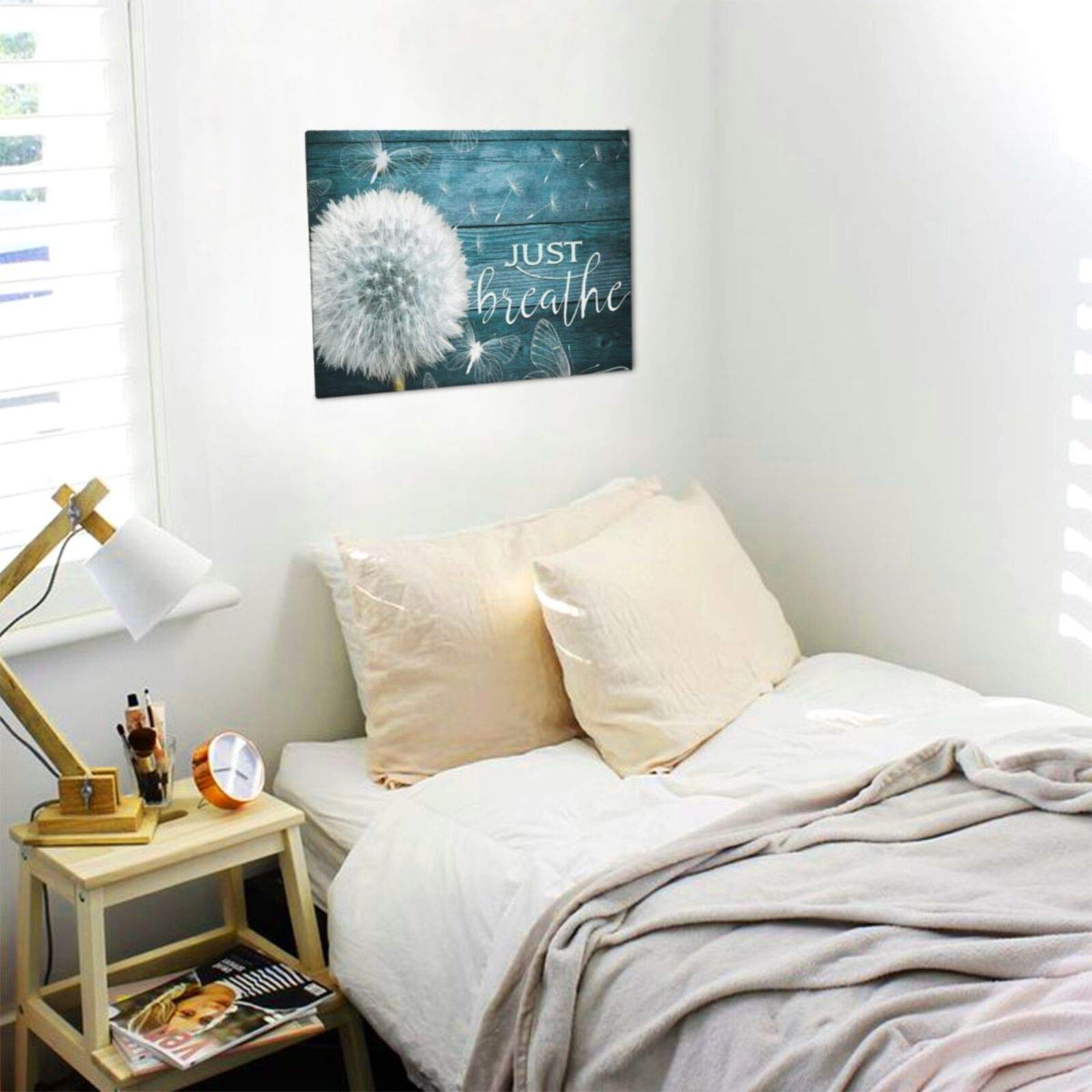 BOLDROLE Just Breathe Teal Dandelion Canvas Wall Art - 12x16 Inch Framed Floral Print for Home & Office Decor | Ready to Hang Living Room, Bedroom, Bathroom Wall Decor | White Flower Botanical Painting