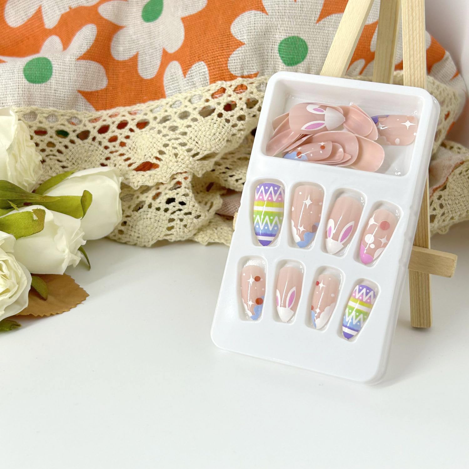 24Pcs Easter Bunny Press-On Nails - Short Almond Fake Nails in Nude Pink | Full Cover Glue-On Acrylic Nails with Easter Egg Decorations | Cute Nail Art Supplies for Women & Girls | Perfect for Easter Parties, Spring Nail Designs & Daily Wear