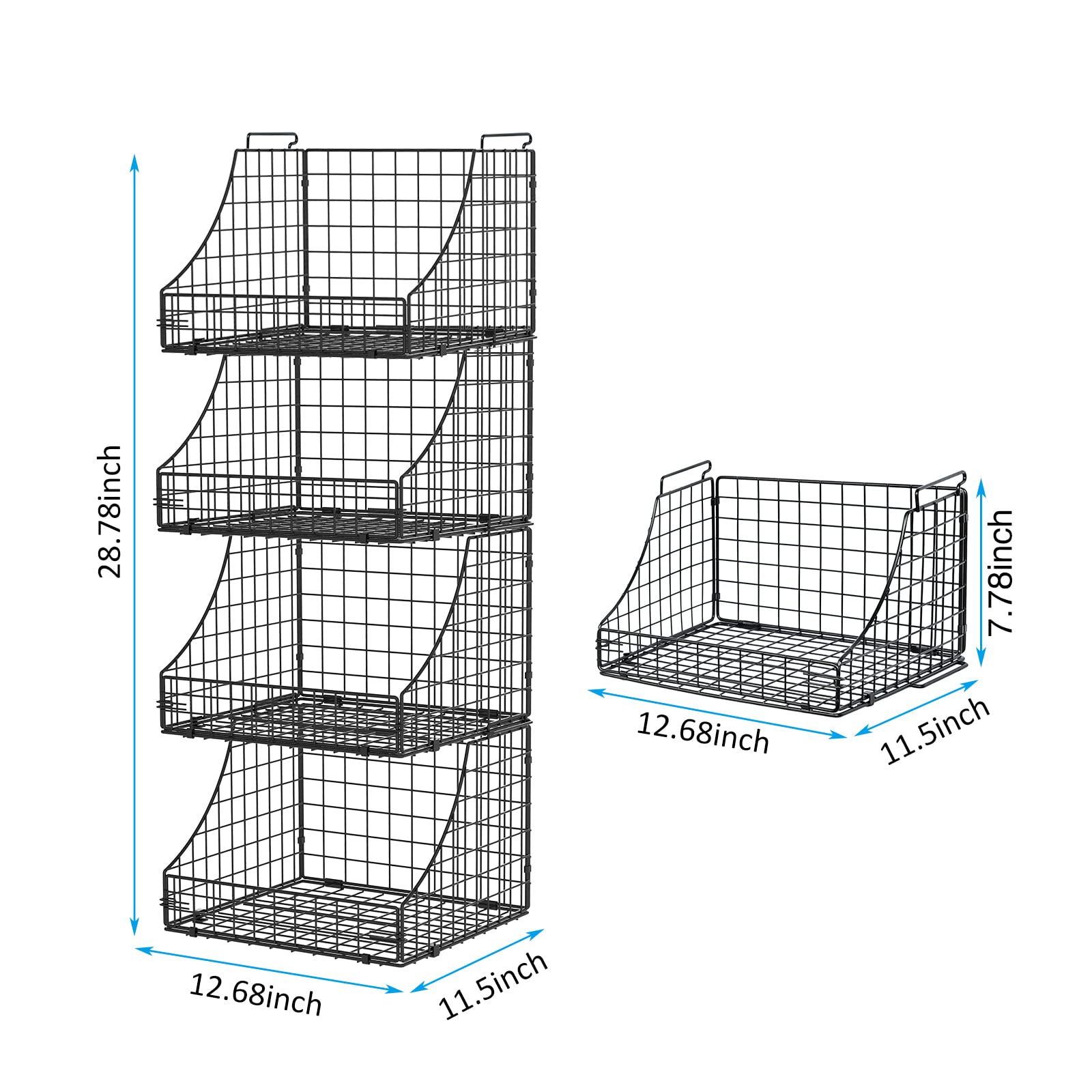 4-Pack Stackable Metal Wire Baskets - Rustic Black Storage Bins for Closet, Pantry & Kids Room Organization - Perfect for Clothes, Toys, Books & Snacks Storage - Space-Saving Home & Office Organizer Solution