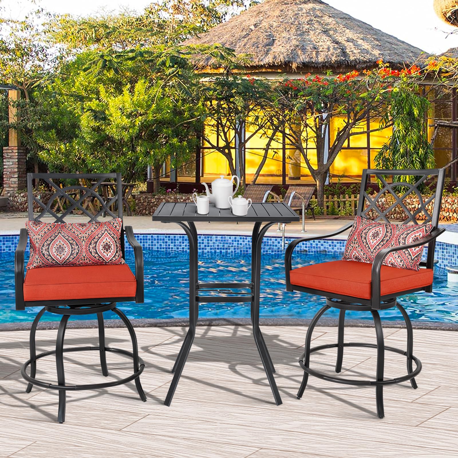 Black Metal Frame Patio Bar Table with Umbrella Hole - Outdoor Bistro Height Dining Table with Slat Design for Backyard, Deck & Poolside Entertaining