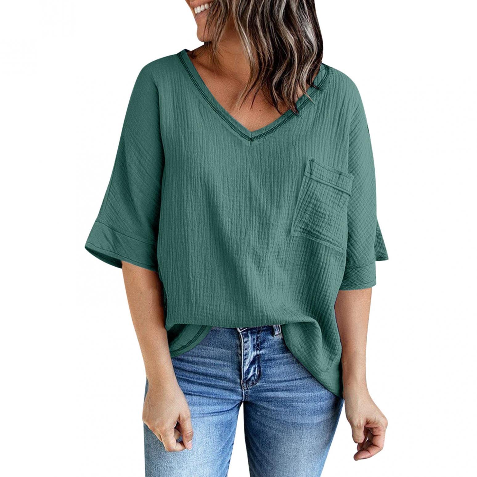 Plus Size Women's V-Neck T-Shirts - Loose Fit Casual Summer Tops with Pockets | Breathable Mid-Sleeve Solid Color Blouses for Everyday Wear, Work & Outings