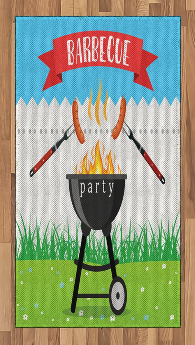 Lunarable BBQ Party Area Rug - Colorful Kitchen Utensils & Sausage Cooking Design - Non-Slip Flat Woven Accent Rug for Living Room, Bedroom, Dining Room - 2'6
