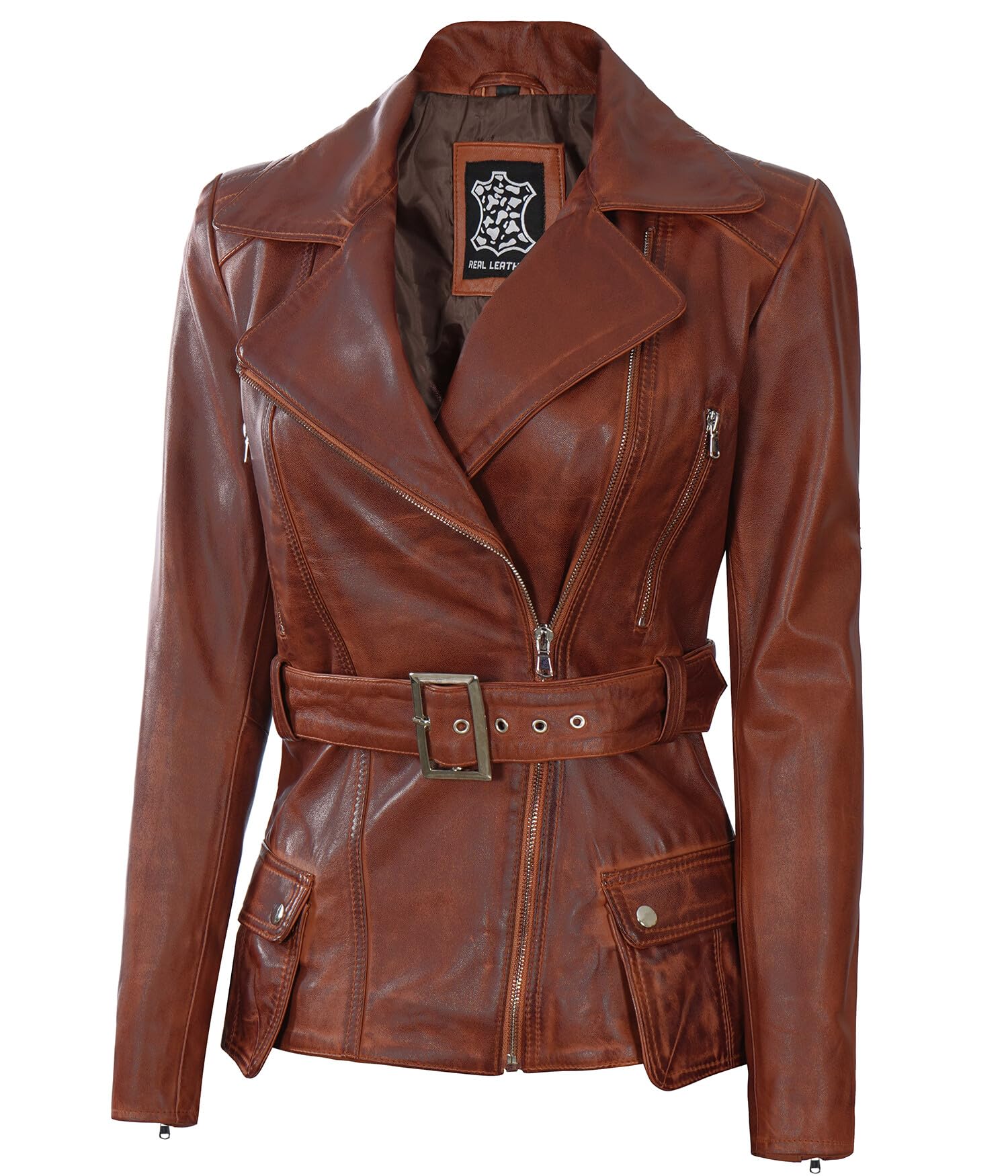Genuine Lambskin Leather Motorcycle Jacket for Women - Premium Long Leather Coat with Zipper - Perfect for Riding, Biker Fashion & Winter Outerwear