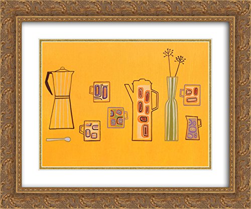 Yellow Coffee Pots and Mugs 2X Matted 24x20 Gold Ornate Framed Wall Art Print - Perfect for Kitchen Decor, Coffee Shop Display & Home Office Decoration