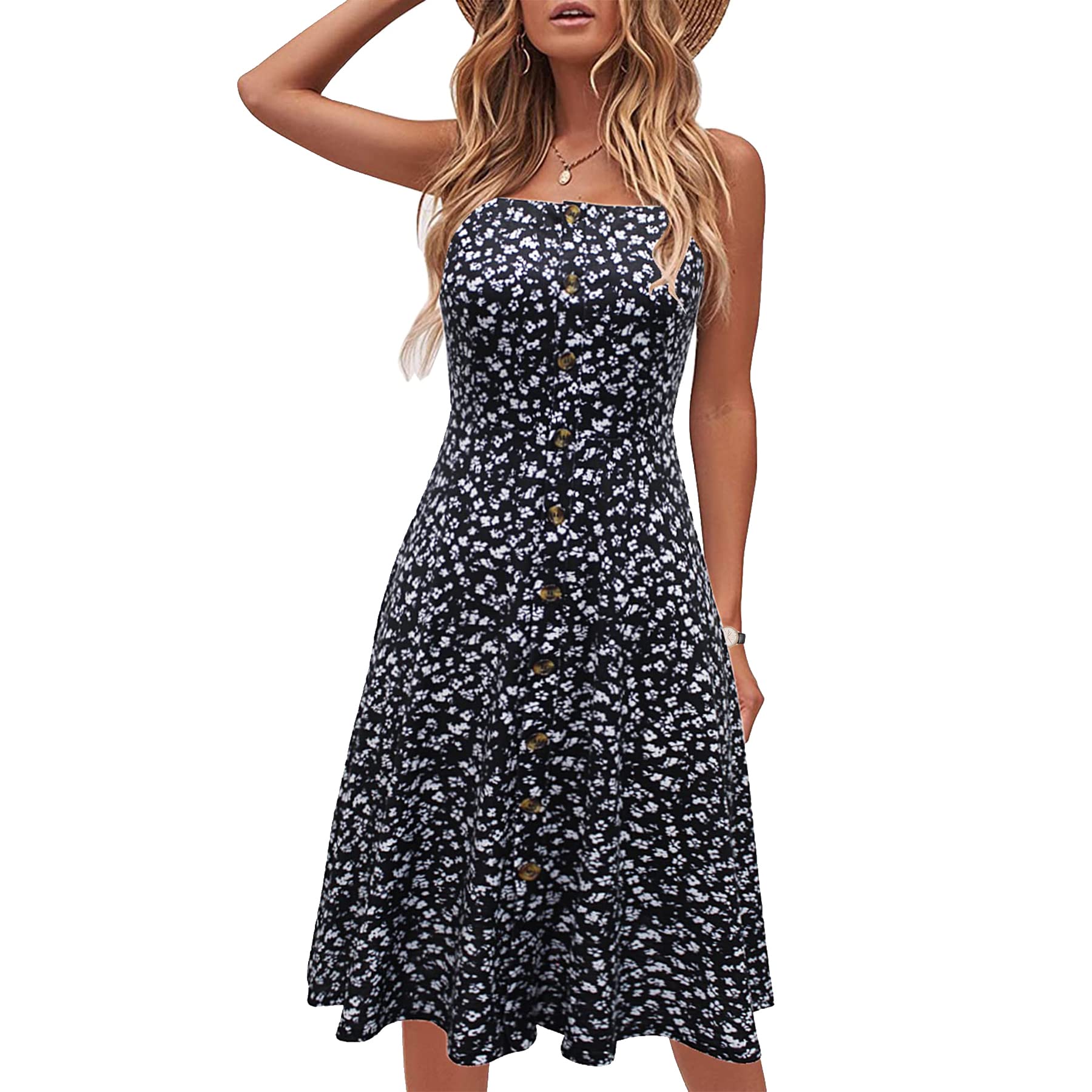 HDN Women's Summer Cotton Spaghetti Strap Button Up Midi Sun Dress - A-Line Flowy Skirt for Beach Vacation, Garden Party & Casual Outings