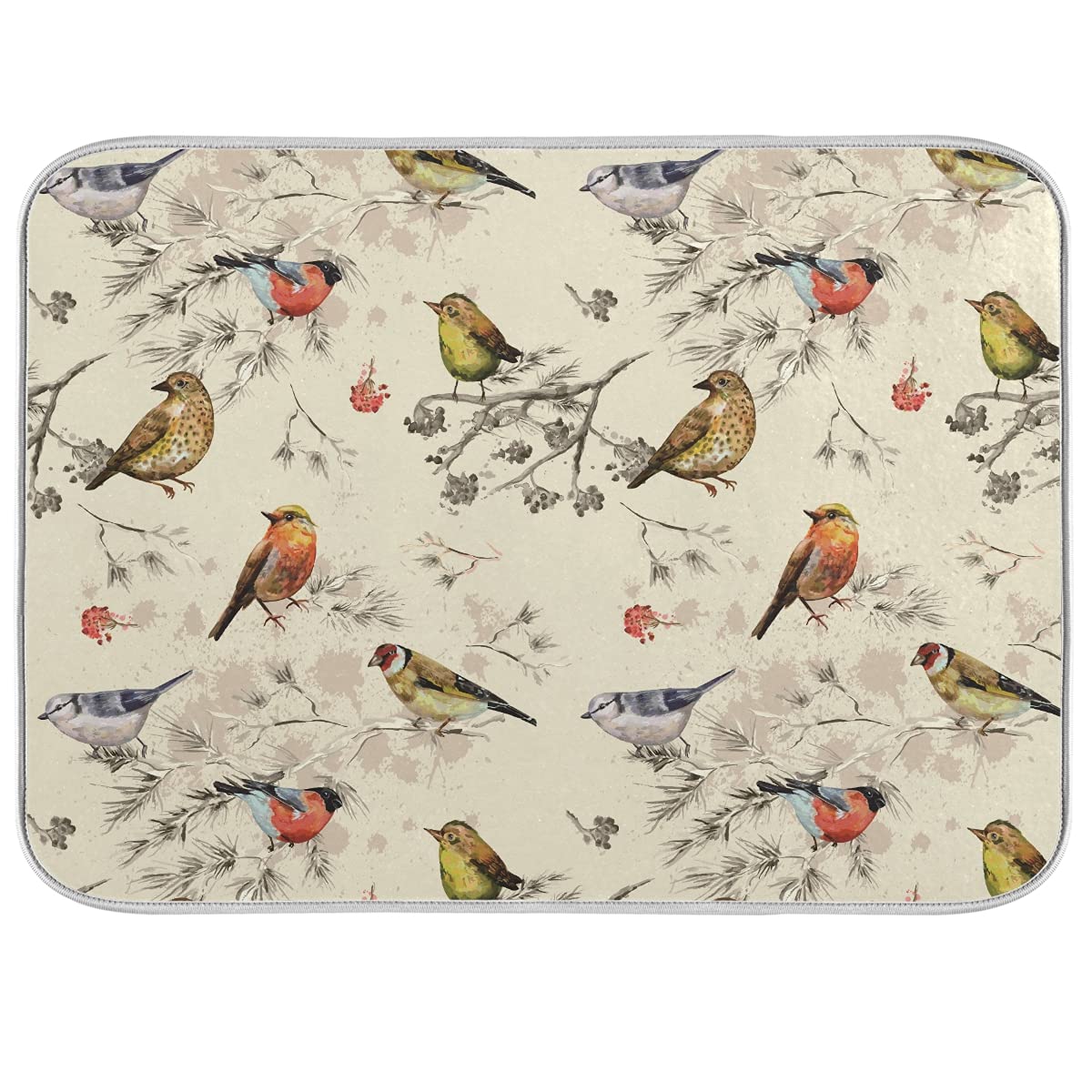 Yellow Grey Bird Dish Drying Mat - Absorbent Microfiber, Reversible for Kitchen Countertop | Fast Dry for Dishes & Utensils