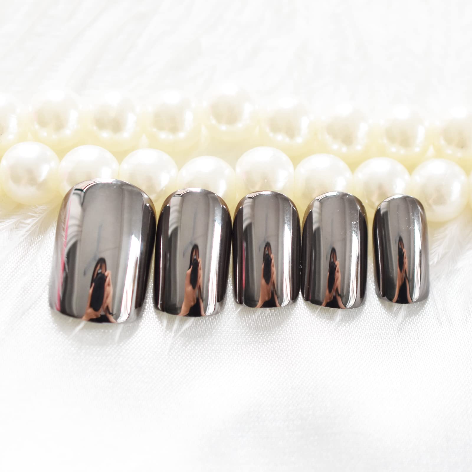 Classic Dark Gray Black Glossy False Nails - Reflective Mirror Acrylic Nail Tips for Punk Style Square Squoval Fake Nails | Perfect for Manicure, Daily Office Wear, Salon & Nail Art | Faux Ongles for Women