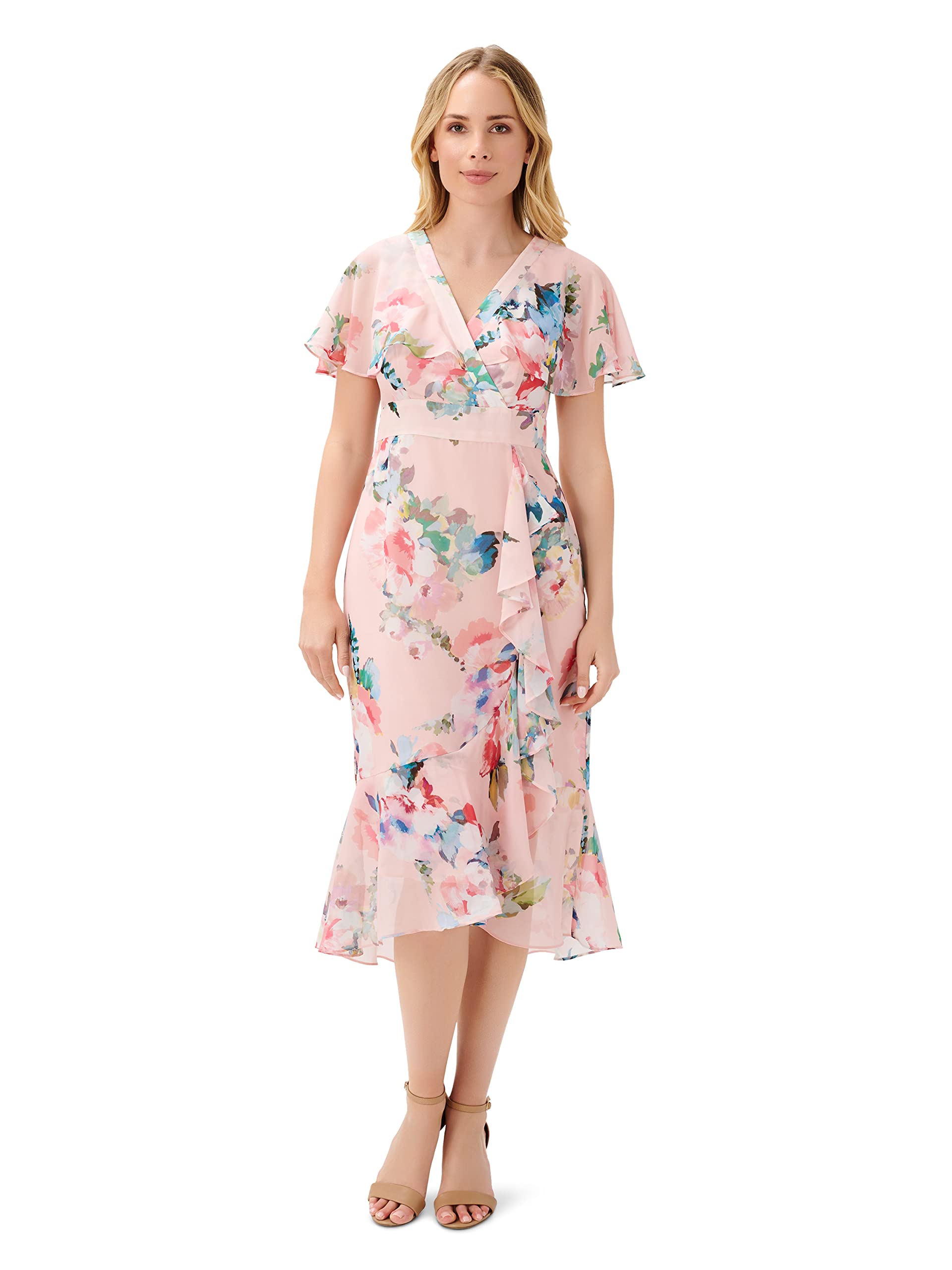 Adrianna Papell Women's Floral Faux Wrap Ruffle Dress - Elegant Cocktail Party & Wedding Guest Dress for Special Occasions