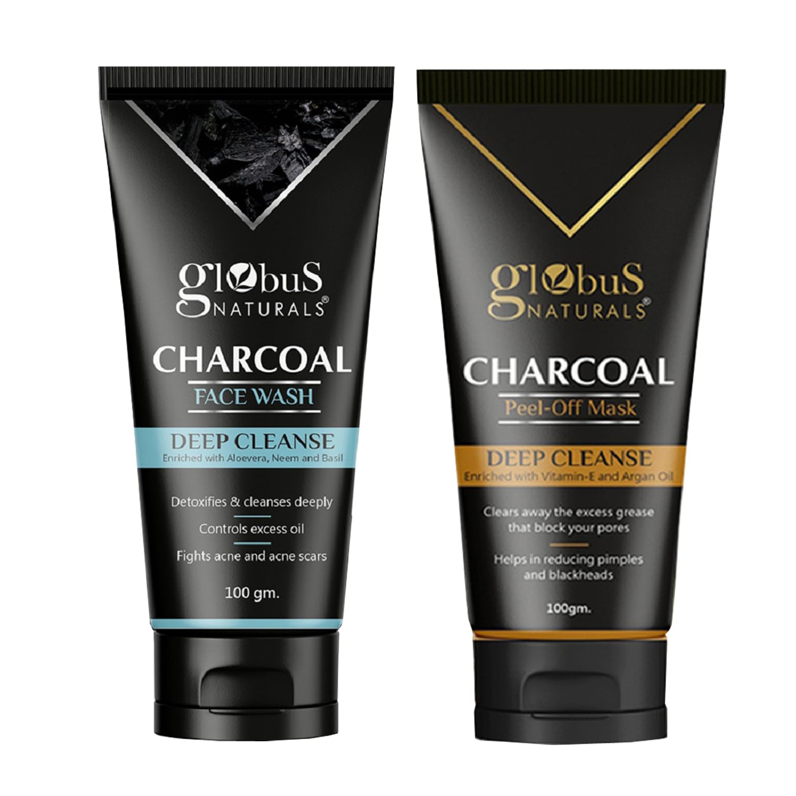 Globus Naturals Charcoal Detoxifying Face Wash & Peel Off Mask Set - Deep Cleansing, Exfoliation, Anti-Acne Treatment for Men & Women | Blackhead Removal, Pimple Control | Perfect for Daily Skincare & Spa Nights at Home