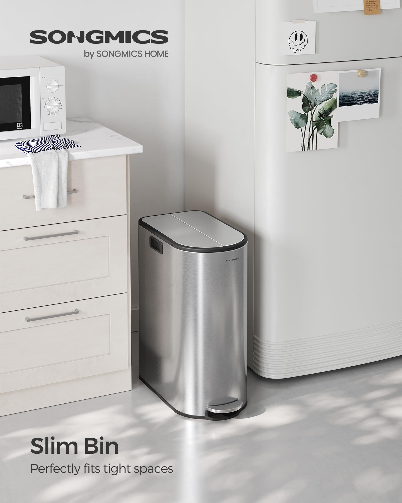 SONGMICS 13-Gallon Dual Compartment Stainless Steel Kitchen Trash Can with Soft Close Wing Lids - 5.3 & 8 Gallon Inner Buckets, Metallic Silver ULTB570E50 | Perfect for Home, Office, Restaurant & Commercial Use