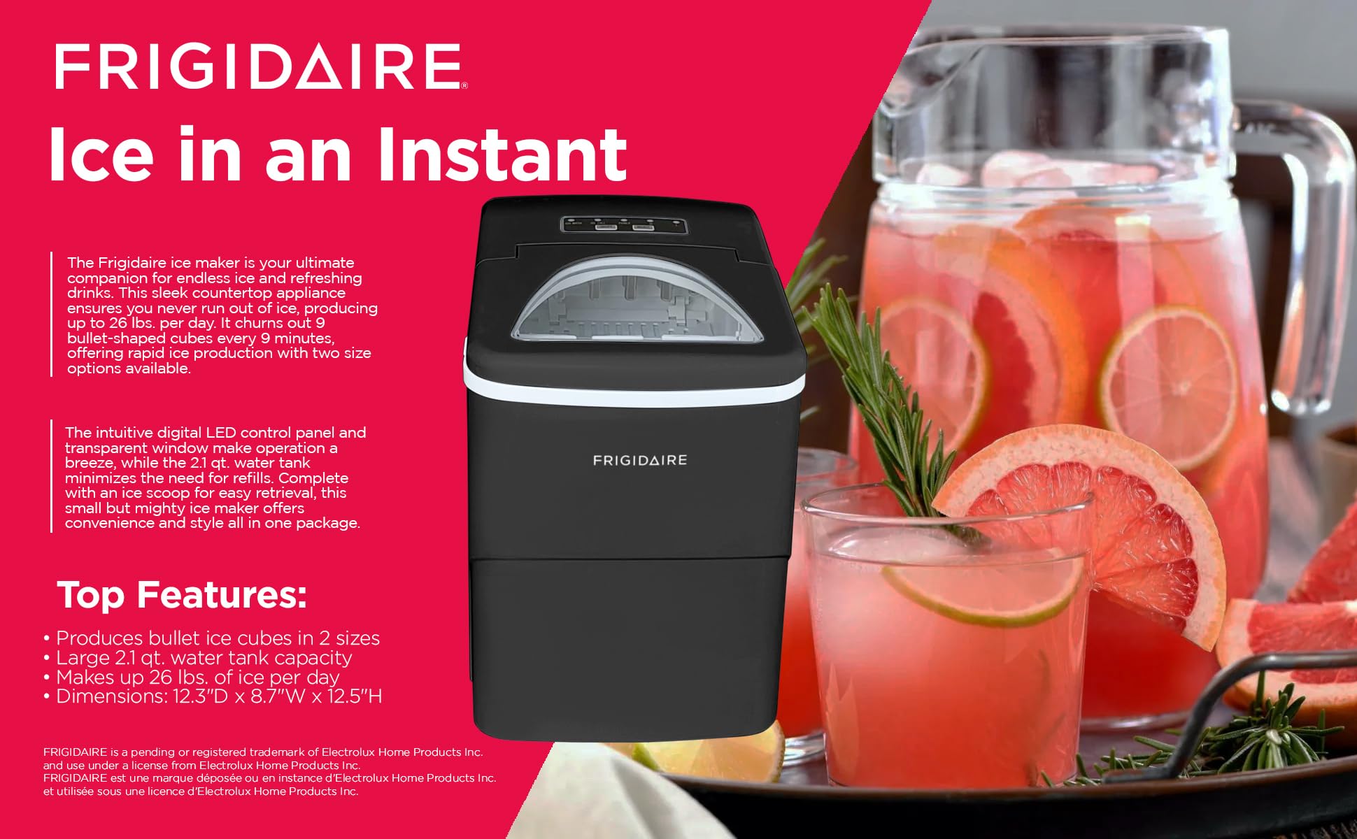 Frigidaire 26 Lbs Portable Compact Ice Maker Machine - Countertop Ice Maker for Home, Office, RV & Parties - Fast Ice Production in Black or White (Medium Size)