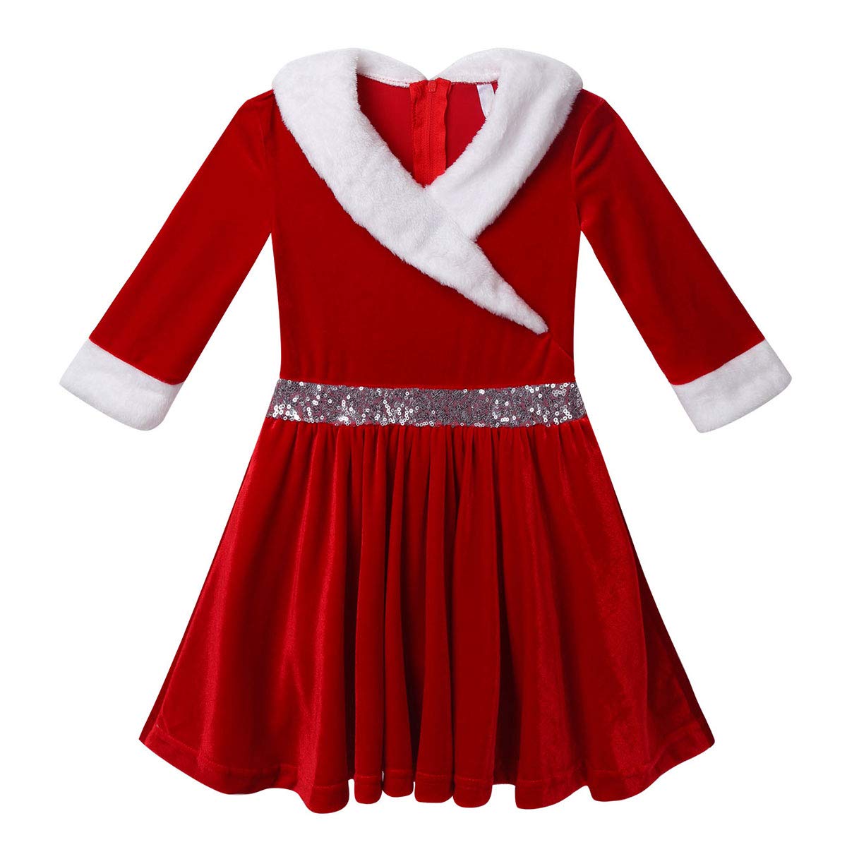 Kids Girls Long Sleeve Faux Fur Velvet Christmas Costume Ice Figure Skating Twirling Dress Dancewear - Holiday Party, Winter Performance, Recital Outfit