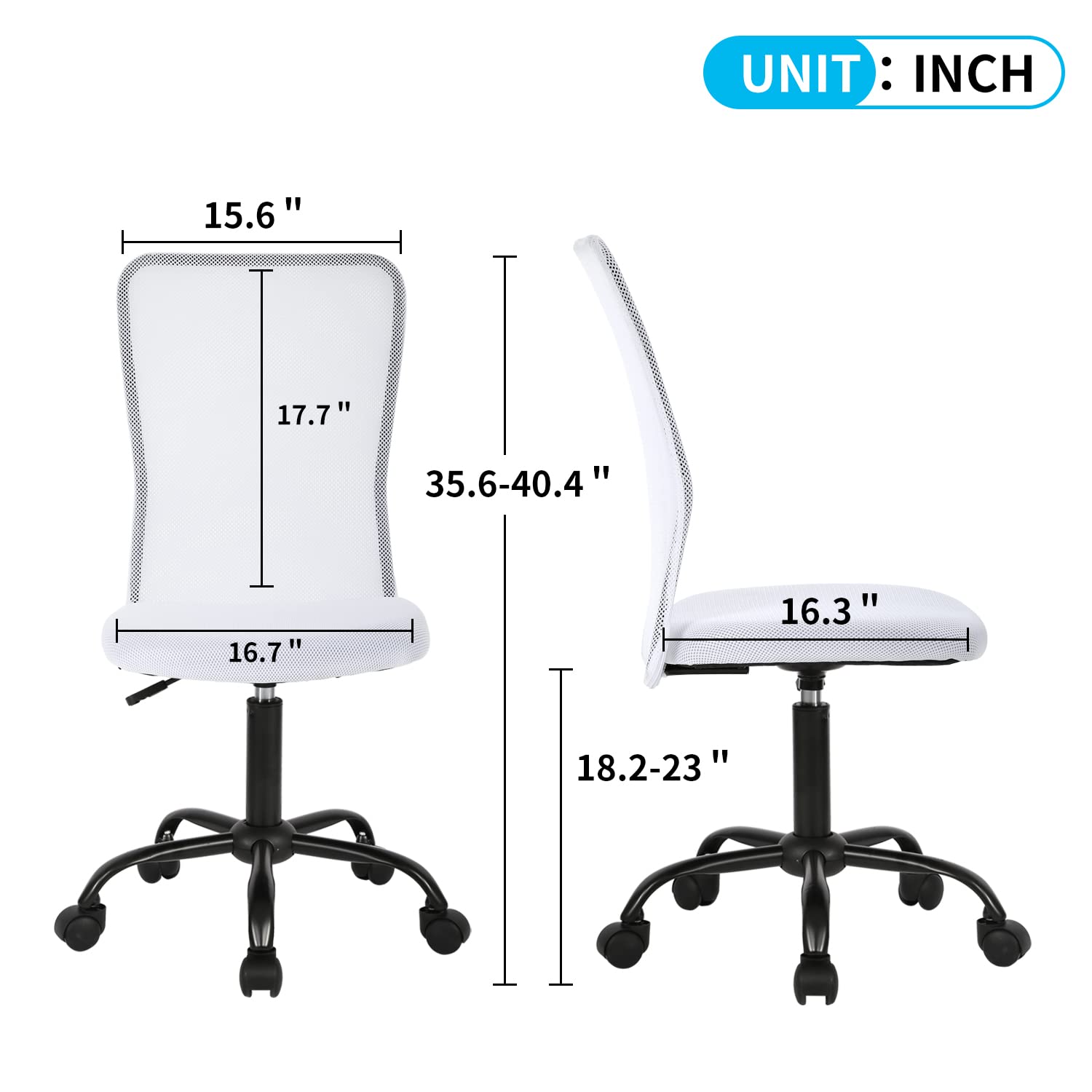 Ergonomic Armless Office Chair - Adjustable Height Mesh Computer Desk Chair with Lumbar Support, Rolling Swivel Task Chair for Small Spaces, White | Perfect for Home Office, Gaming & Workspace