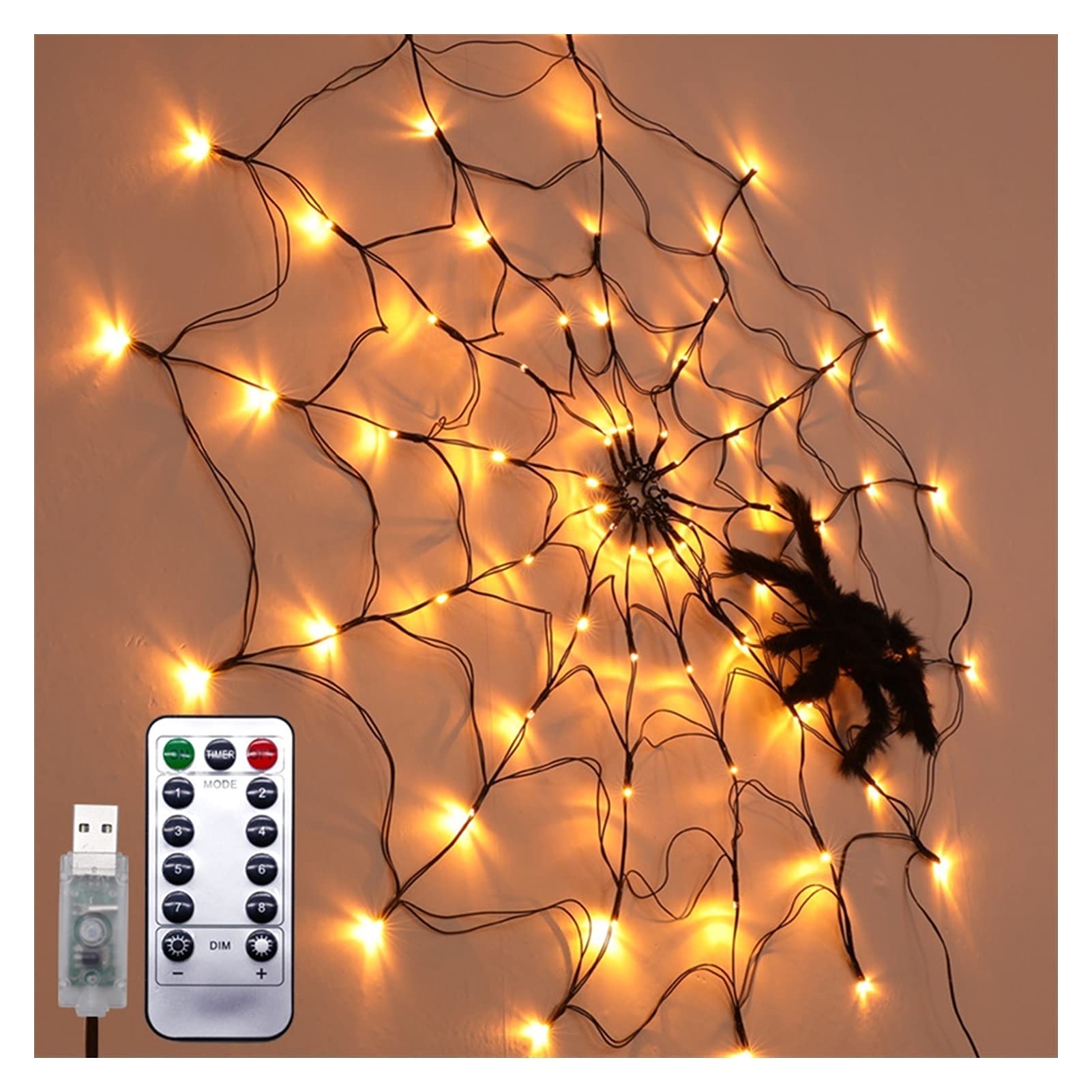 Spider Web LED Halloween Lights - Black Halloween Spider Web Decorations with Plug-in & USB Options for Indoor/Outdoor Use - Perfect for Halloween Party, Yard, Bar, Haunted House Decor (Warm Light) | Spooky Atmosphere for Trick-or-Treating & Halloween Events