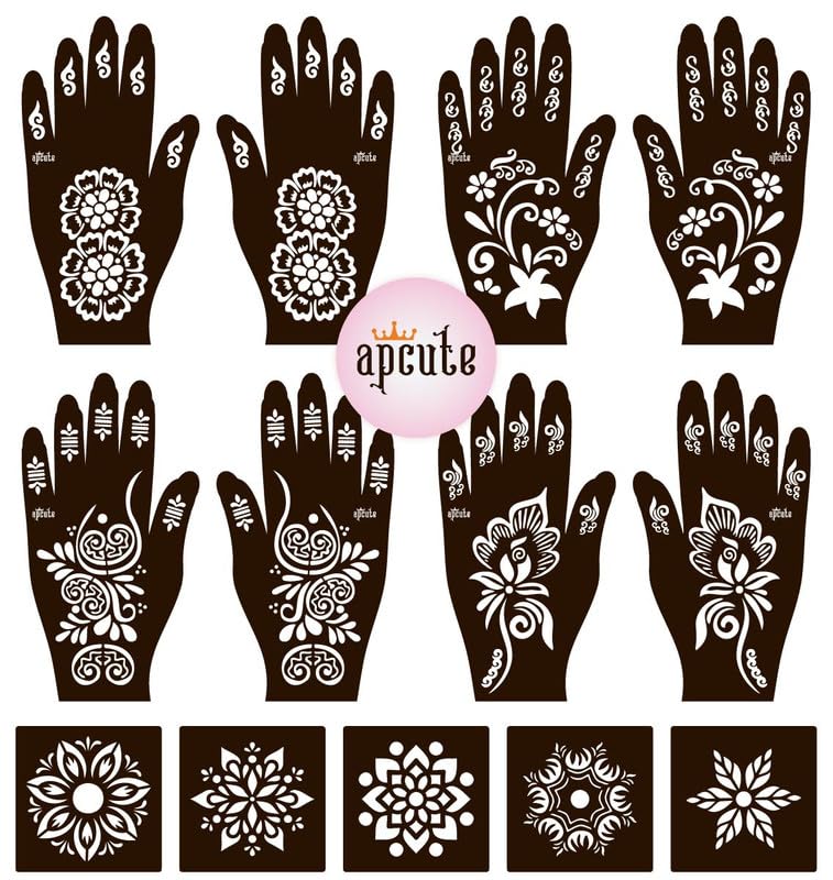 APCUTE 13-Piece Mehandi Stencil Kit | Temporary Henna Tattoo Stencils for Full Hand Designs - Easy 4-Step Application for Women & Girls | Perfect for Weddings, Festivals, and DIY Body Art (Designs 192-193-137-138)