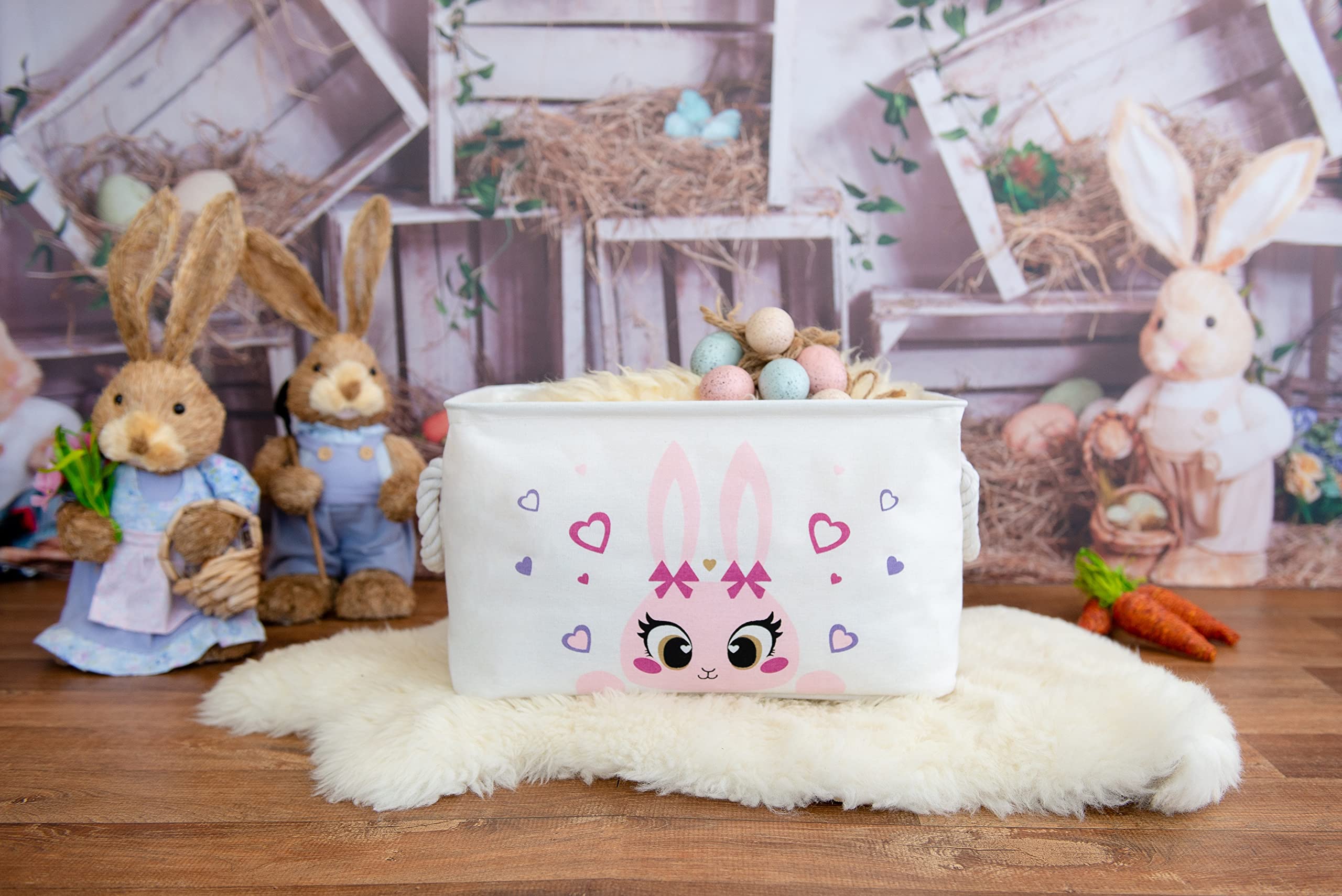 Kazulo Pink Bunny Easter Basket - Rectangle Rabbit Easter Basket for Kids, Boys & Girls - Perfect for Easter Egg Hunts, Party Favors, and Spring Decorations