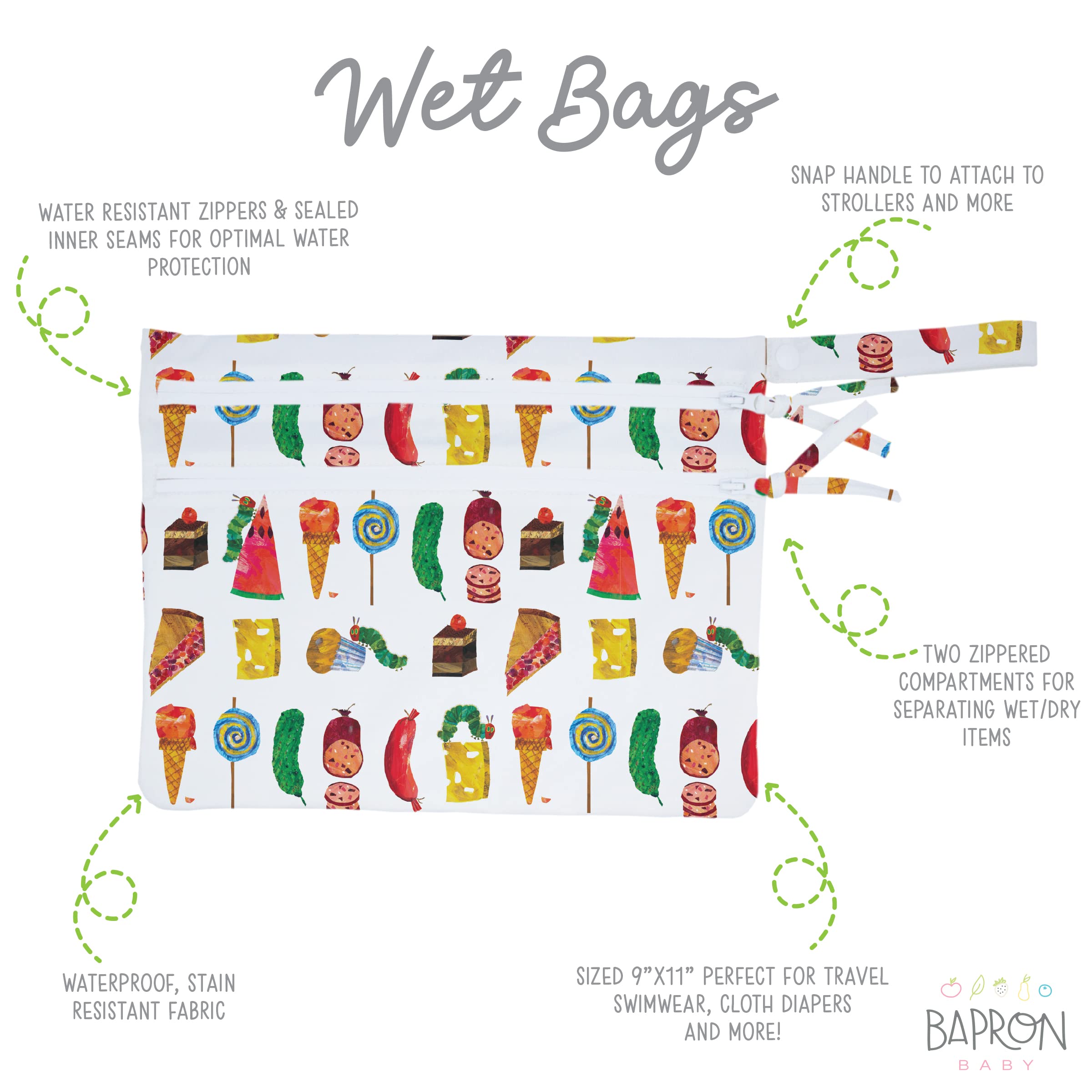 Eric Carle Themed Baby Wet Dry Bag - Waterproof Reusable Storage with 2 Zipper Pockets for Diapers, Snacks, Swimsuits - 11x9 Inches - Perfect for Mealtime, Stroller, Travel & Daycare - Machine Washable