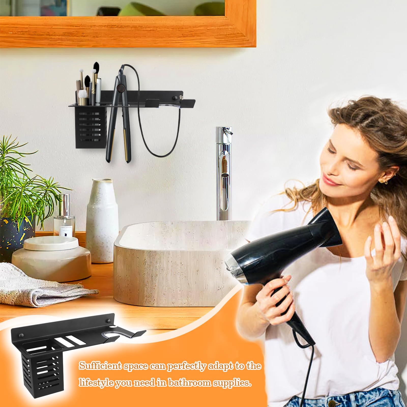 Wall Mounted Blow Dryer Holder - Black Metal Hair Tool Organizer for Hair Dryer & Straightener with Comb | Perfect for Bathroom Storage & Salon Organization