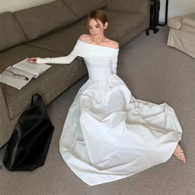 Elegant Black Slash Neck Long Dress for Women - Y2K Korean Style Off Shoulder Long Sleeve Party Dress | Perfect for Spring Fashion, Night Out, and Special Occasions