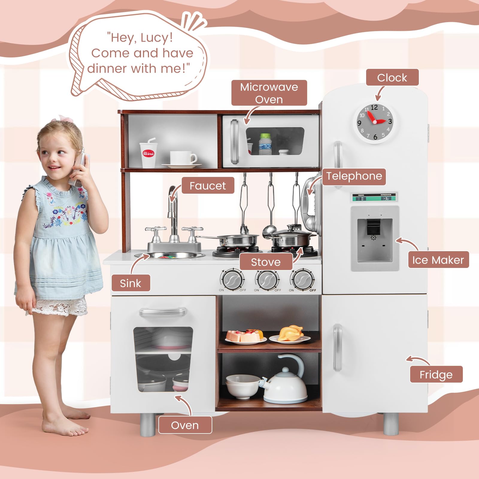 Costzon Wooden Kids Kitchen Playset with Utensils, Oven, Sink & Accessories - Pretend Play Cooking Toy for Toddlers Age 3+ (Brown) | Perfect for Imaginative Play, Birthday Gifts & Preschool Learning