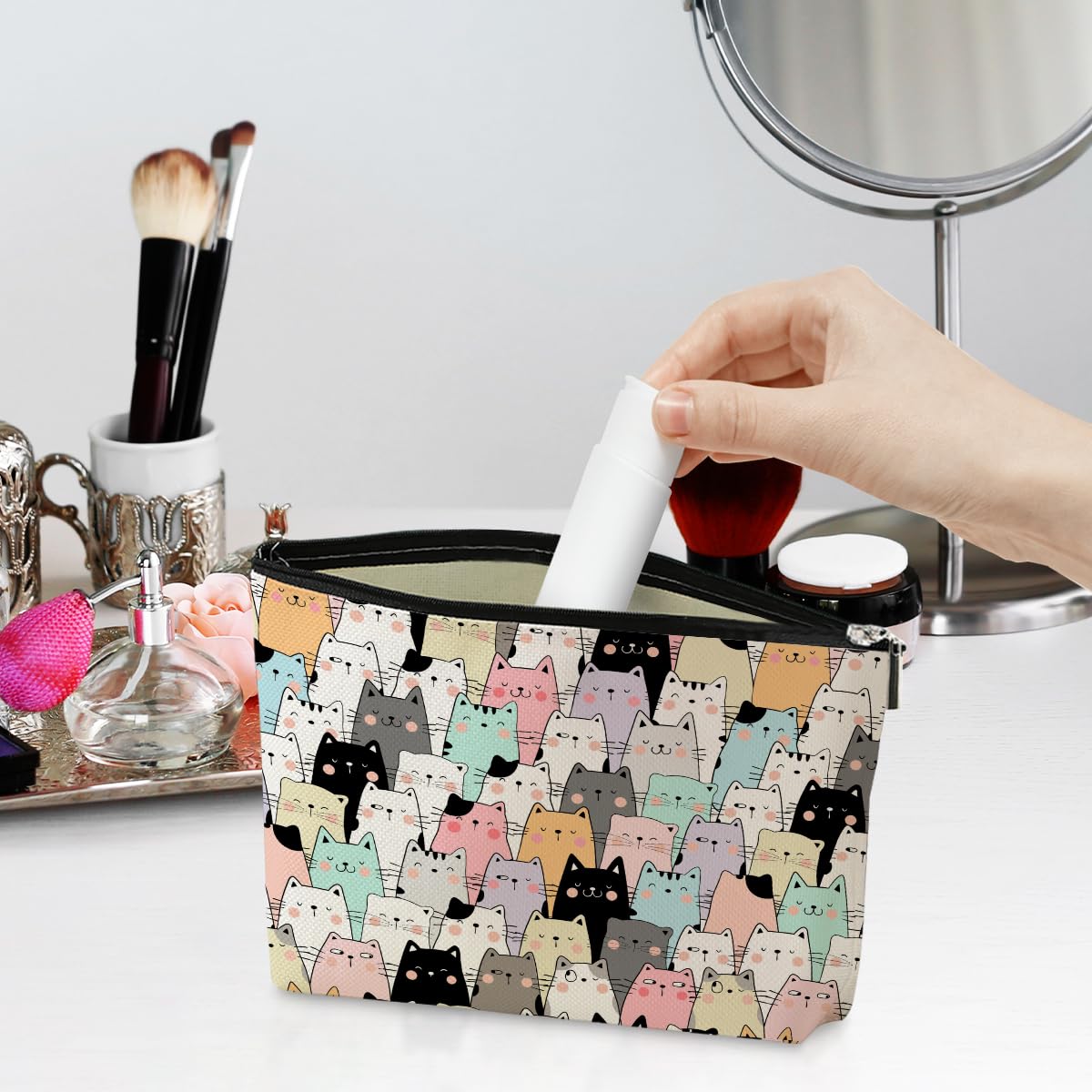 Stylish Kawaii Cat Makeup Bag - Cute Cat Lover Gift for Women & Girls - Perfect for Travel, Cosmetics & Toiletries - Great Christmas, Birthday Gift for Pet Owners, Daughters, Friends & Sisters