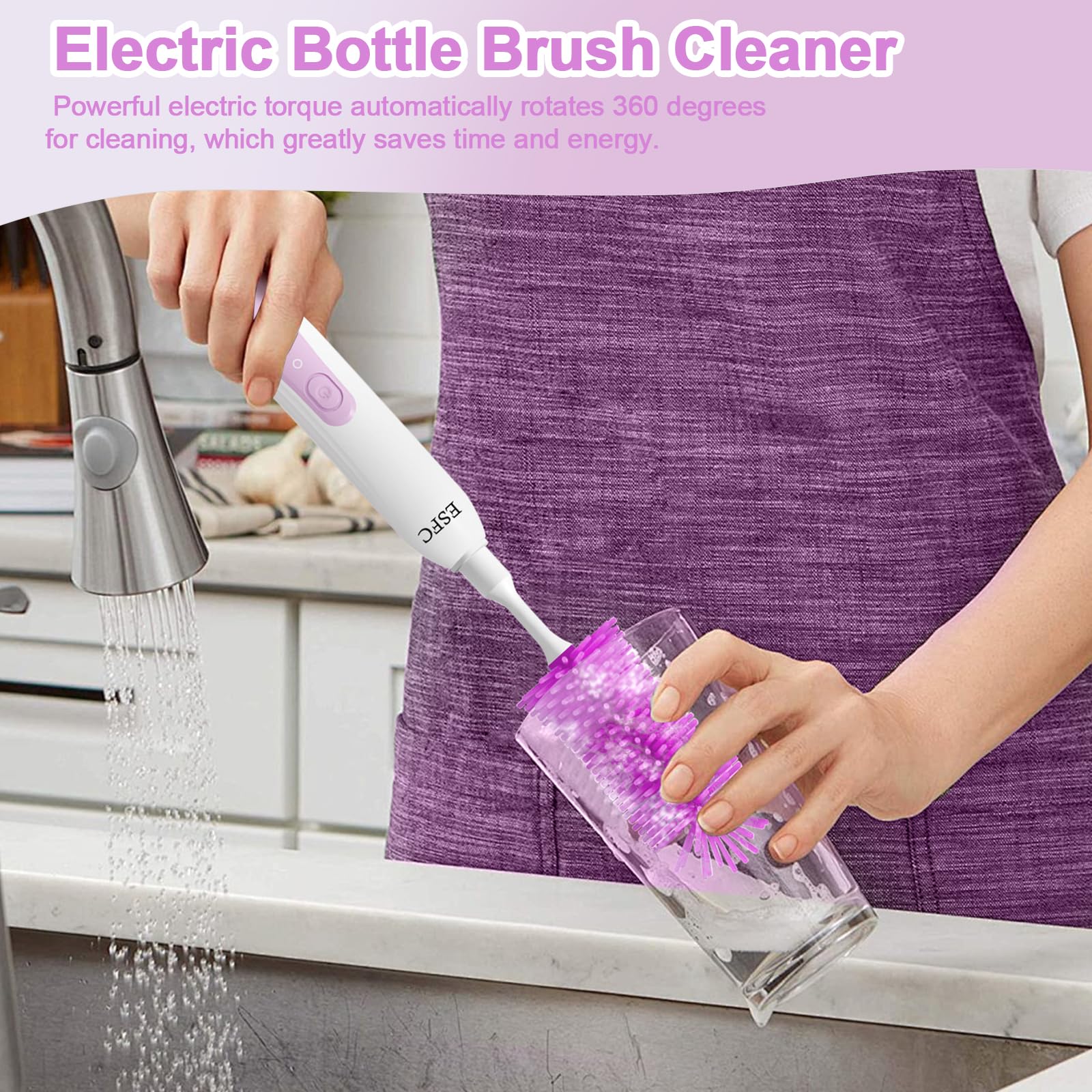 Portable Electric Baby Bottle Brush Set with Nipple & Straw Brush, Milk Frother & Drying Base - IPX7 Waterproof, Rechargeable Travel Cleaning Kit (Purple) - Perfect for Travel, Home & On-the-Go Baby Bottle Cleaning