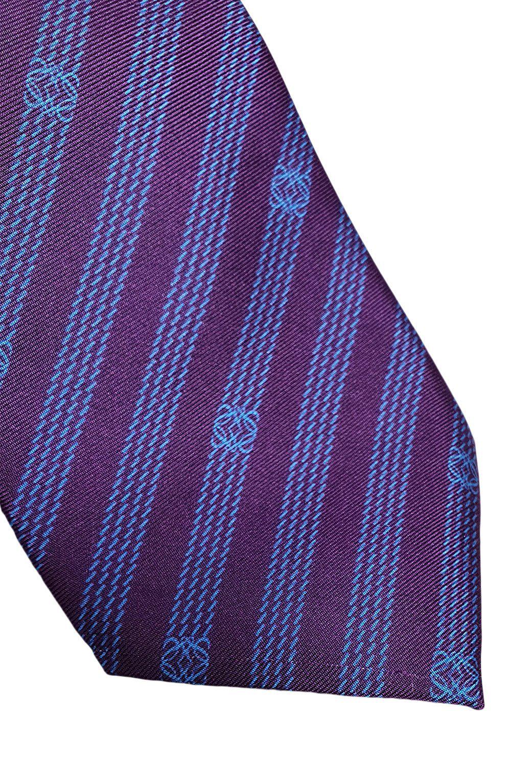 LOEWE 100% Silk Purple Tie with Blue Pinstripe and Logo Repeat - 60