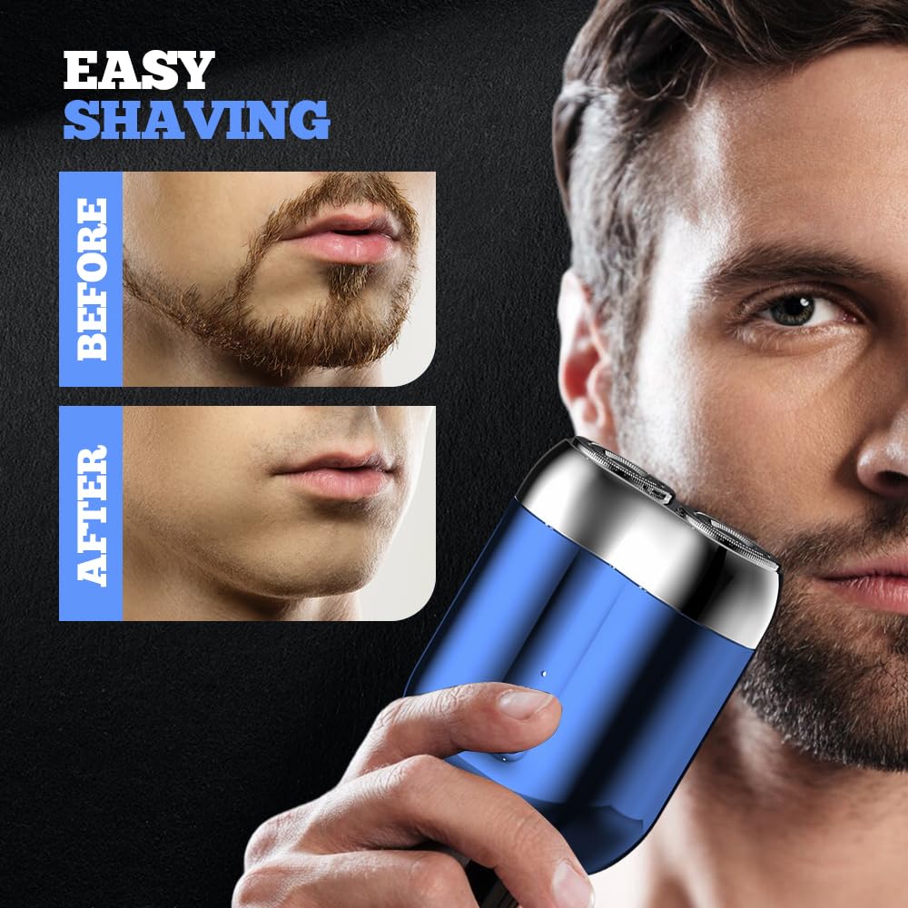 Premium Mini Dual-Head Electric Shaver for Men - Portable Rechargeable Waterproof Beard Trimmer with 2 Replacement Heads (Blue) - Perfect for Travel, Gym & Daily Grooming