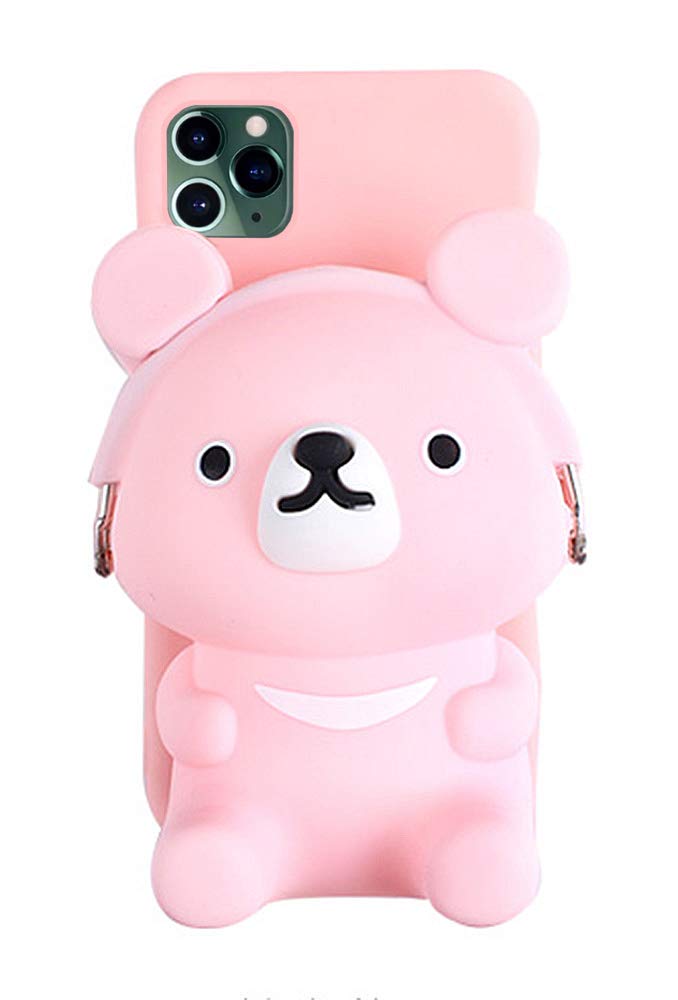 **UnnFiko 3D Cartoon Bear Wallet Phone Case for iPhone 11 Pro Max - Soft Silicone Protective Cover with Card Holder & Stand - Cute Purse Design for Women & Girls (Pink) - Perfect for Daily Use, Shopping & Travel**