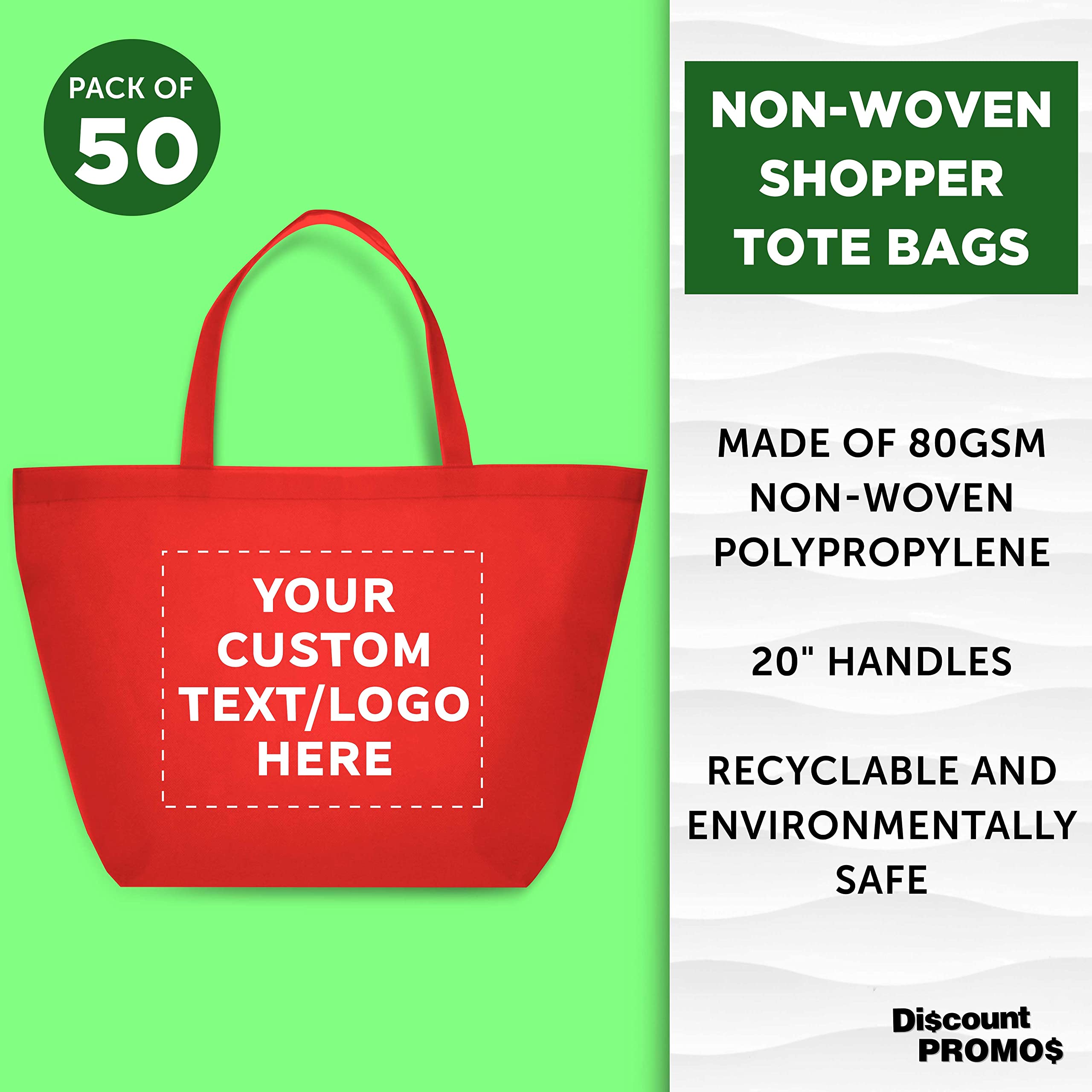 **Custom Southern Style Grocery Tote Bags - Bulk Pack of 50 Reusable Shopping Bags - Personalized Promotional Totes for Travel, Business, and Retail - Red 20