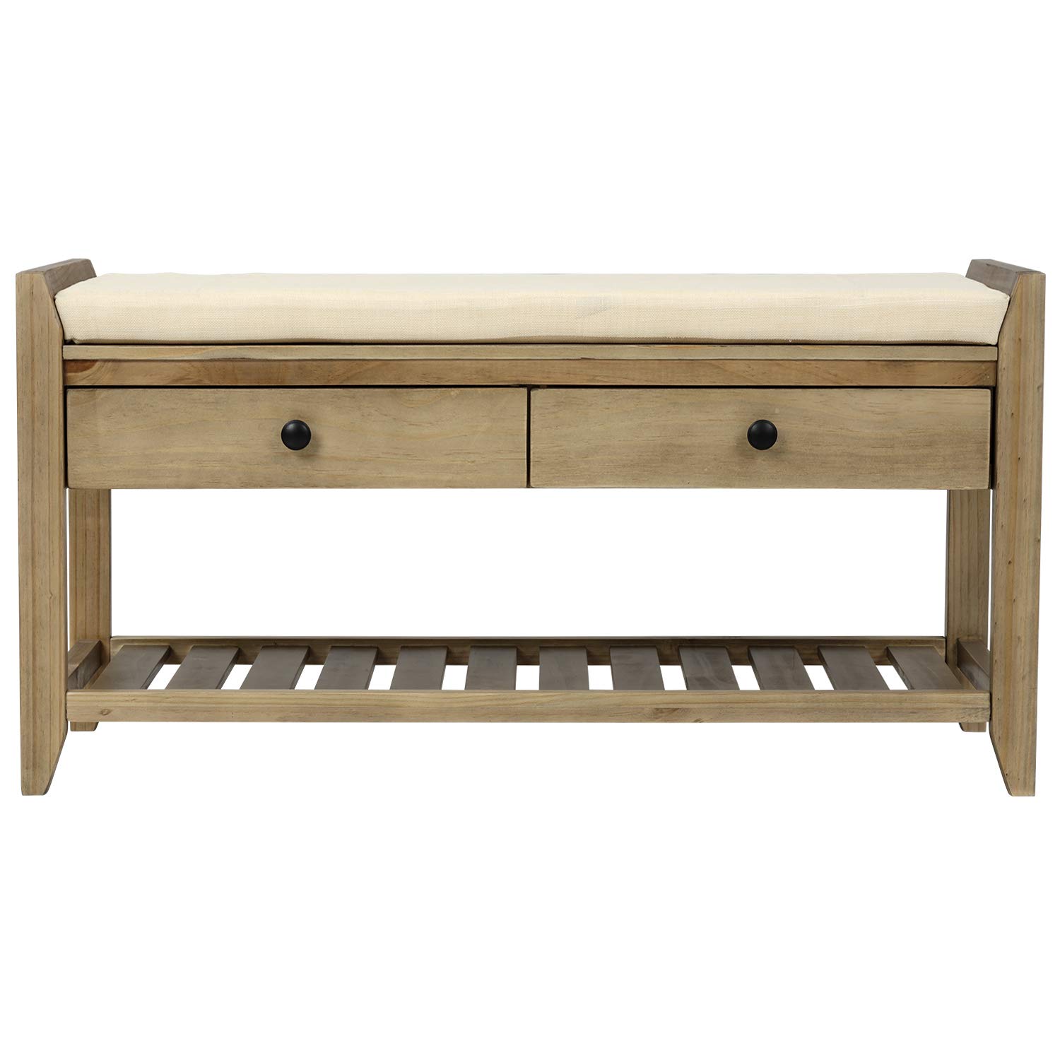 Gray Wash Shoe Bench with Cushion & Drawers - Entryway Storage for Hallway & Living Room