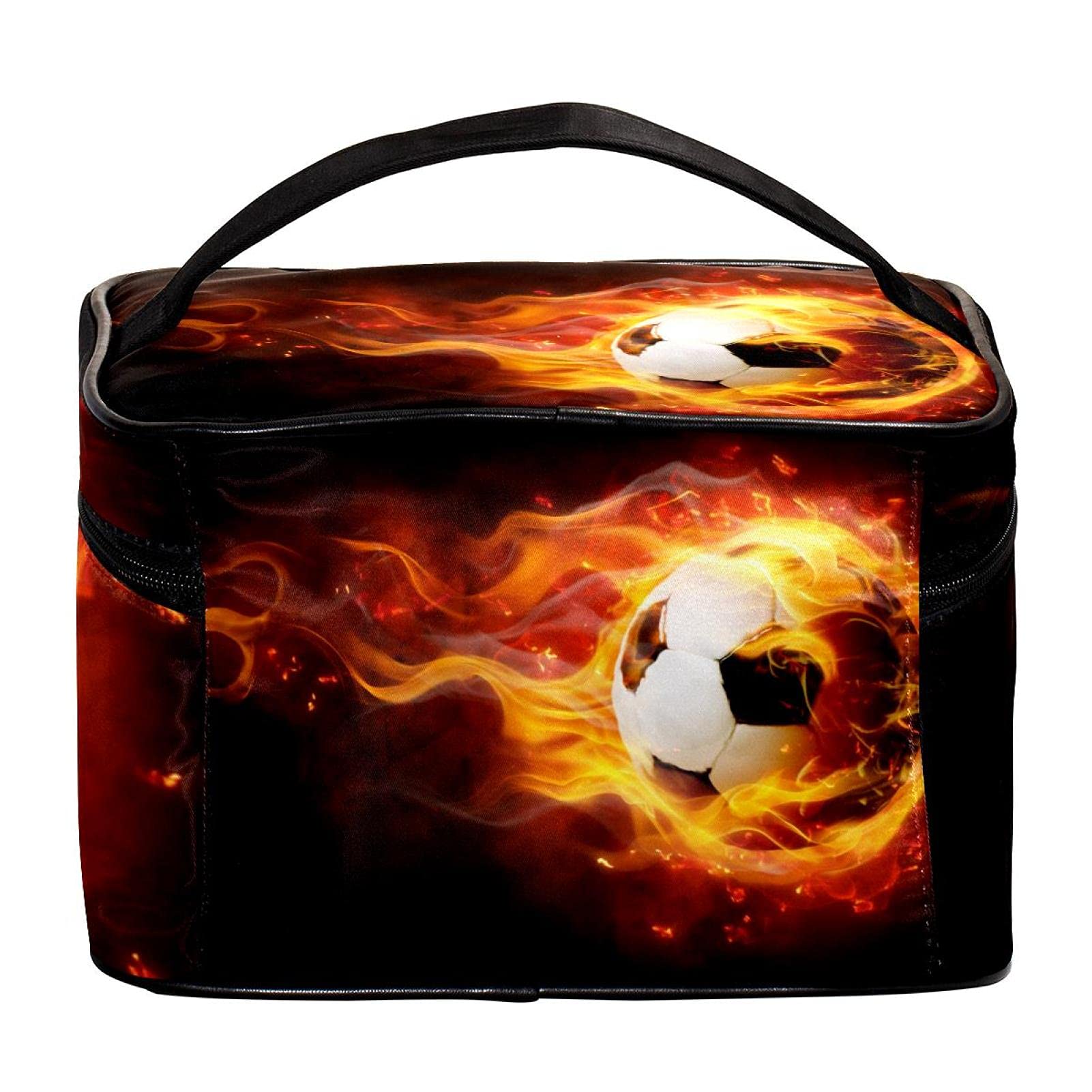 Flame Soccer Ball Design Large Cosmetic Makeup Bag - Travel Toiletry Organizer with Zipper for Women & Girls - Perfect for Sports, Gym, and Vacation Trips