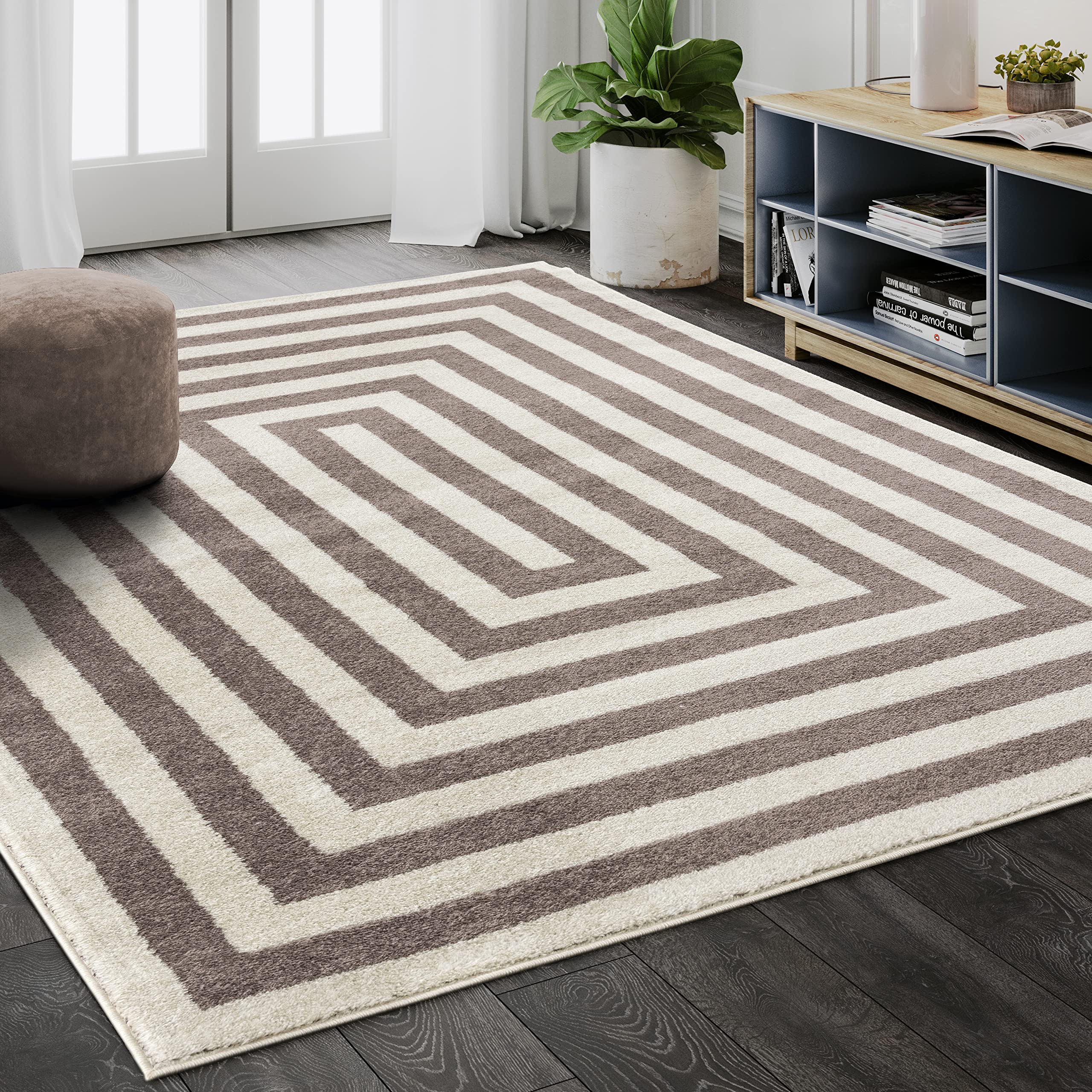 Abani Modern Geometric Stripe Area Rug 4x6 Feet - Beige & Ivory Contemporary Living Room Carpet with Symmetrical Design | Perfect for Bedroom, Office & Home Decor