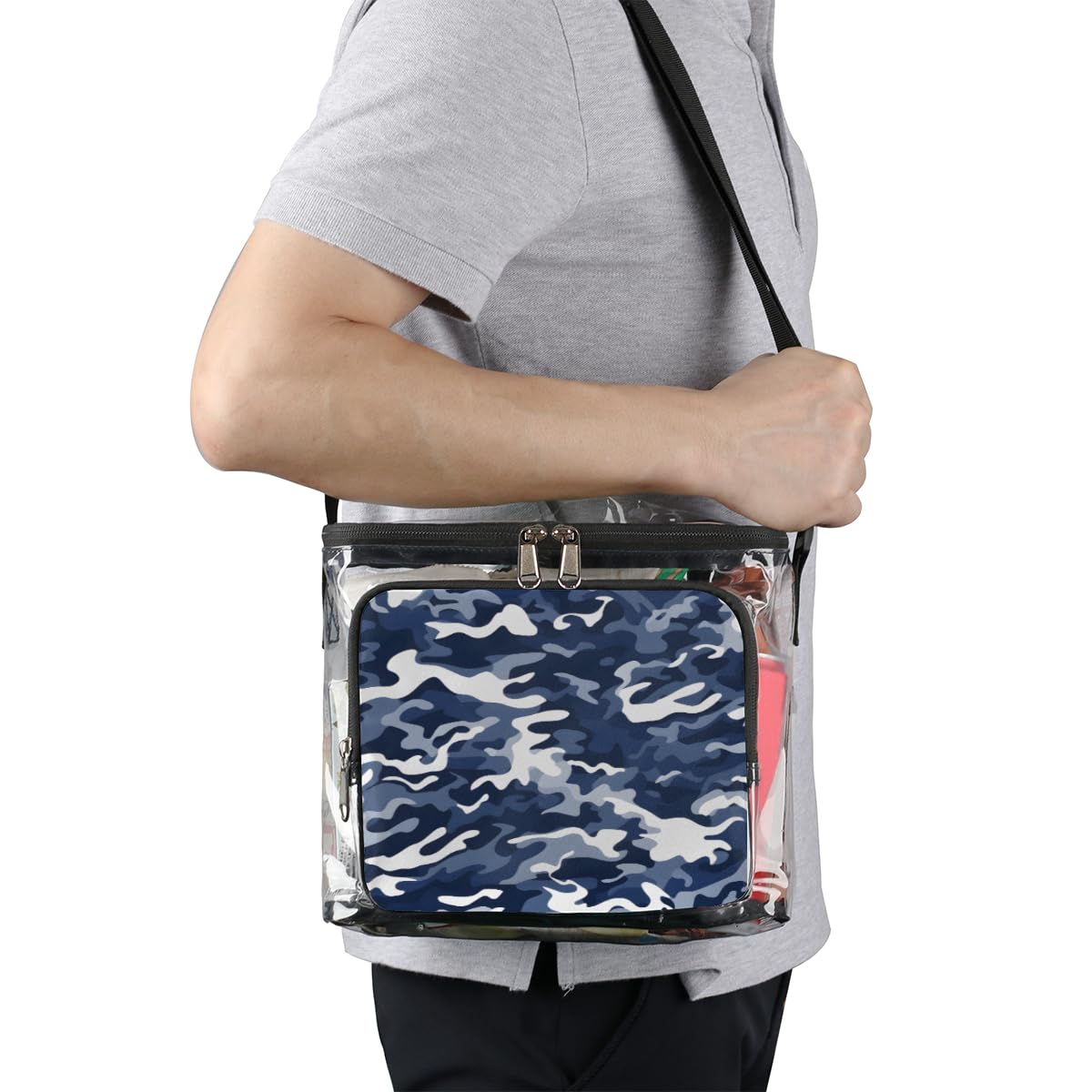 GzLeyigou Fashion Blue & White Camouflage Pattern Clear Tote Bag with Handles - Transparent Crossbody Shoulder Bag for Lunch, Outdoor, Travel, Picnic, Concerts & Sports Events - Stadium Approved Multipurpose Carryall for Shopping, Beach & Daily Use