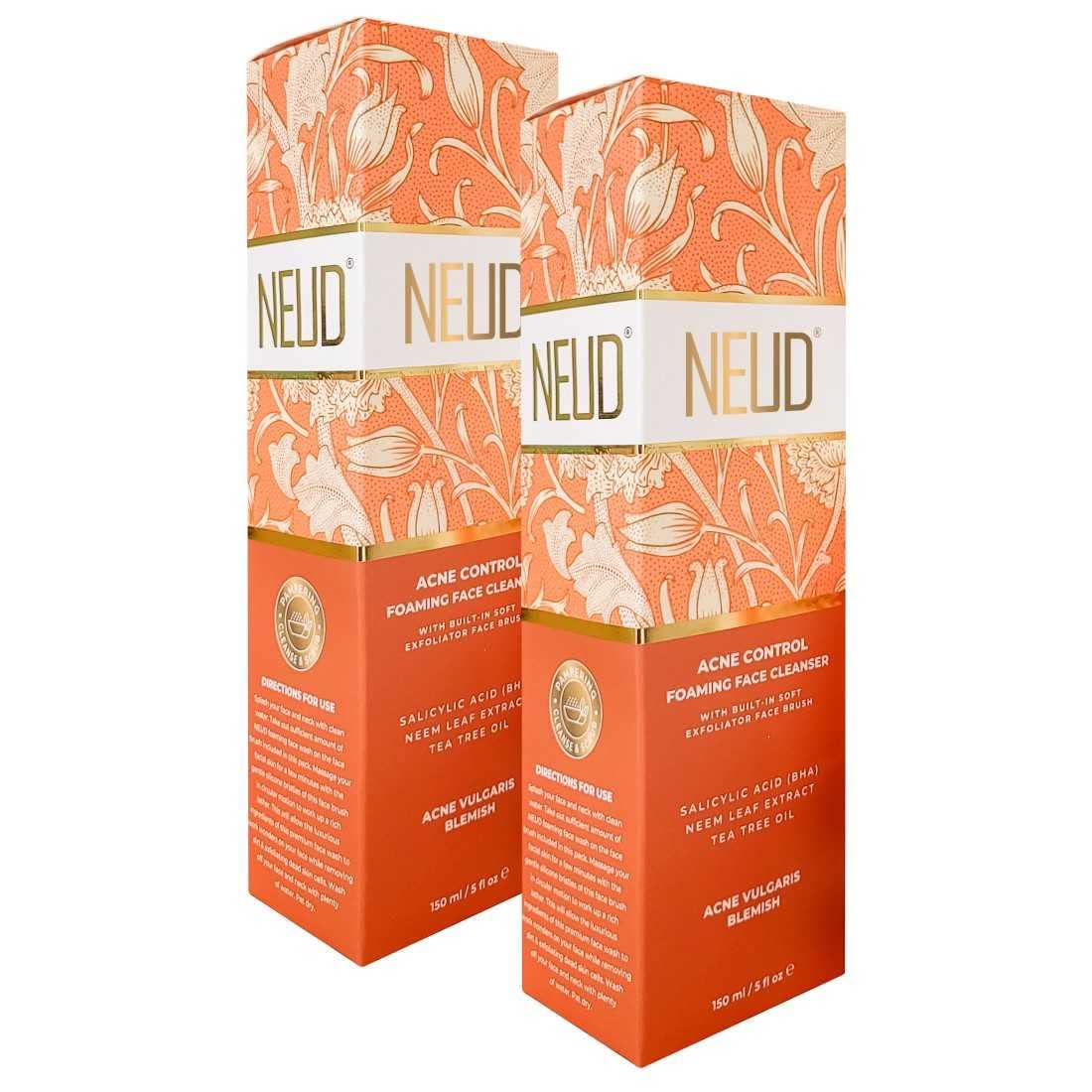 NEUD Acne Control Foaming Face Cleanser with Salicylic Acid, Neem & Tea Tree Oil - 2 Pack (150ml Each) | Gentle Daily Facial Wash for Oily & Acne-Prone Skin | Perfect for Morning & Night Skincare Routine