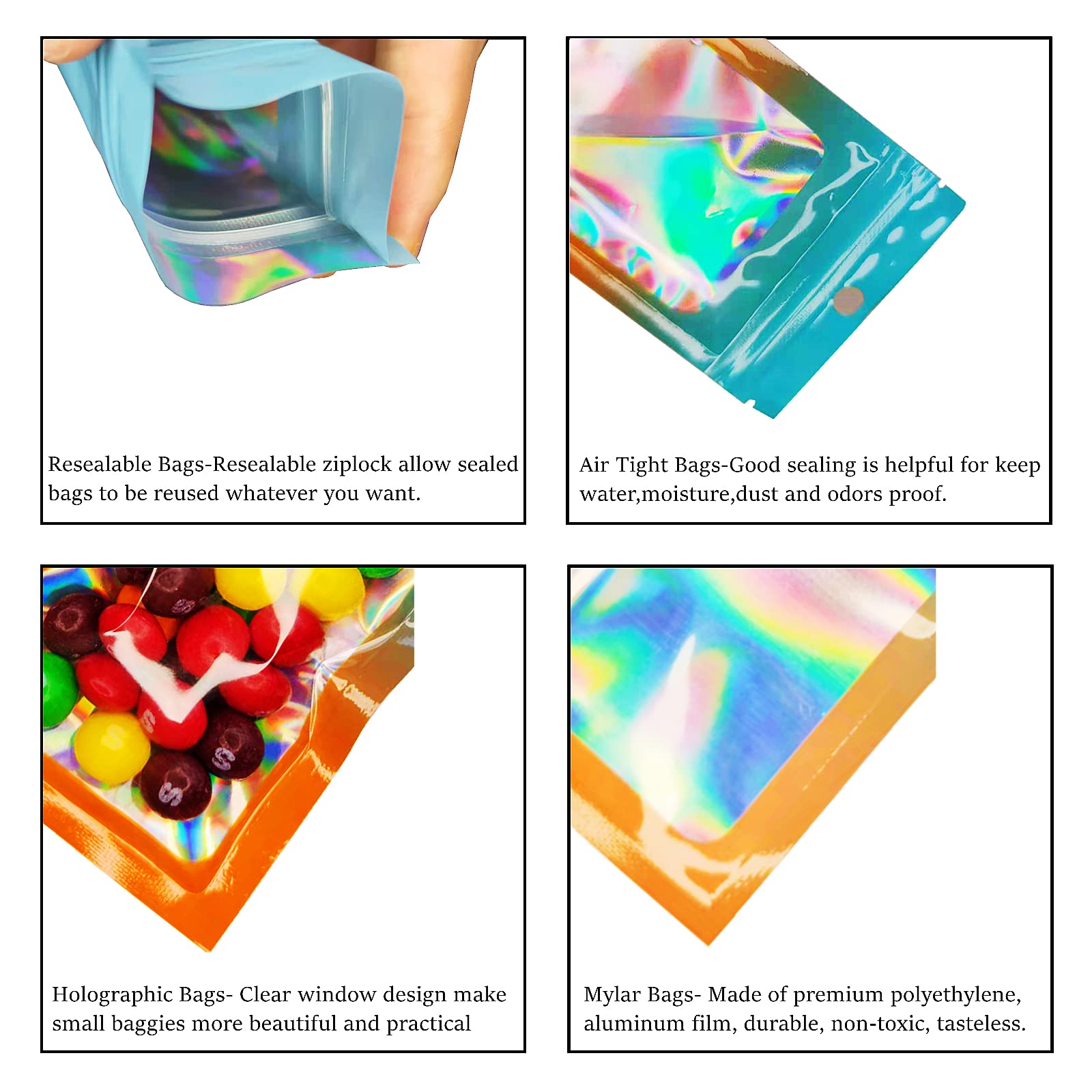 100 Pcs Holographic Mylar Bags 3.5x4.7 Inch - Smell Proof Resealable Ziplock Pouches for Jewelry, Beads & Small Items Storage - Perfect for Earrings, Crafts & Business Packaging