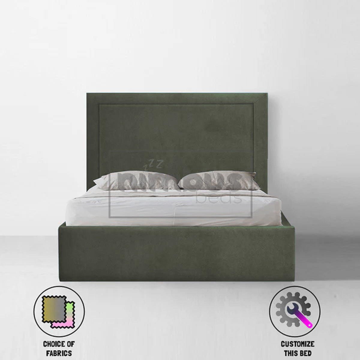 Charlie Studded Bed Frame - Queen Size Metal Platform Bed with Upholstered Headboard, Sturdy Steel Frame for Bedroom, Living Room, Guest Room - Modern & Industrial Style Furniture