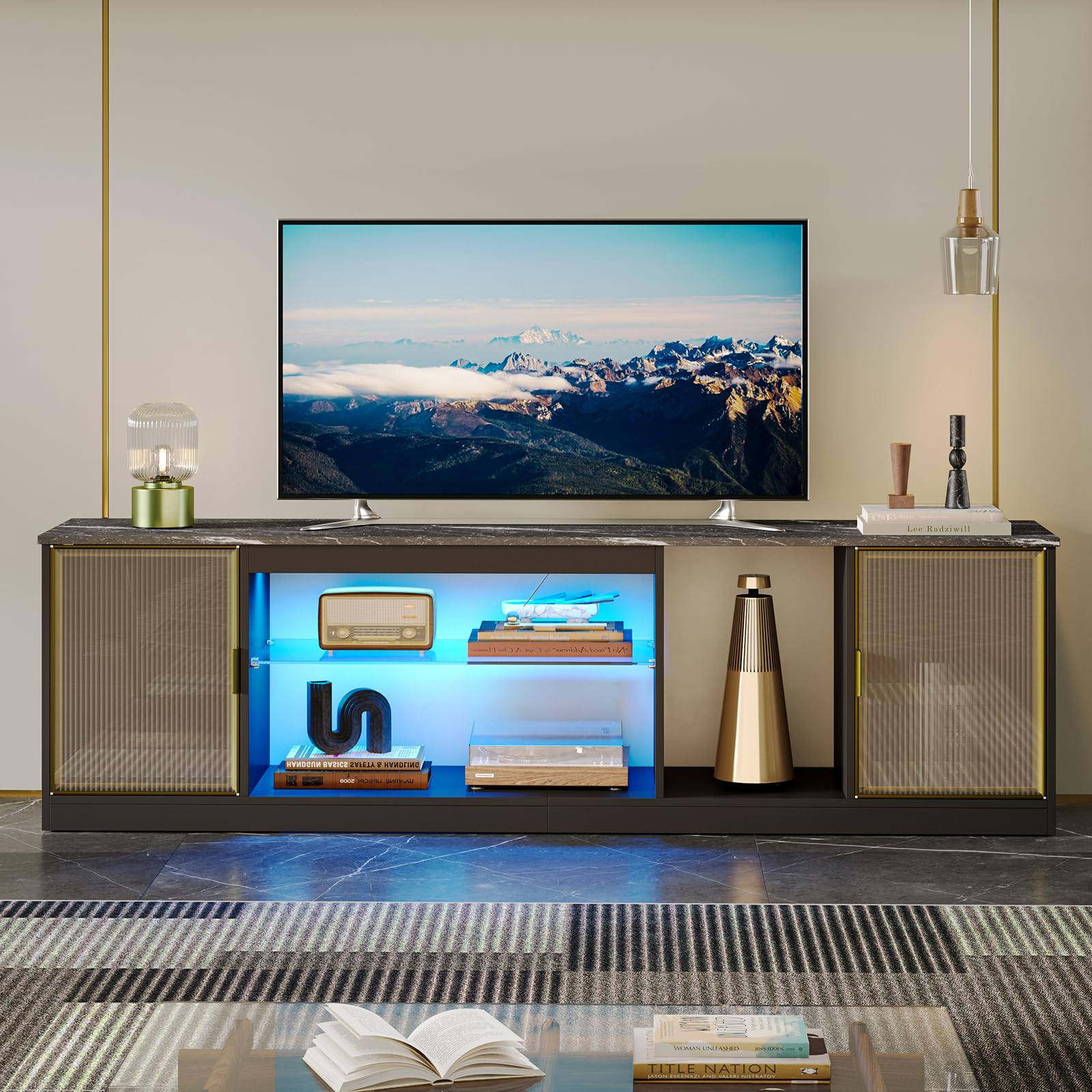 Bestier 80 Inch Gaming TV Stand with Adjustable Glass Shelf & Storage Cabinet - Modern Black Marble Entertainment Center for PS5, Xbox & Living Room - Perfect for Gaming Setups & Home Theater Systems