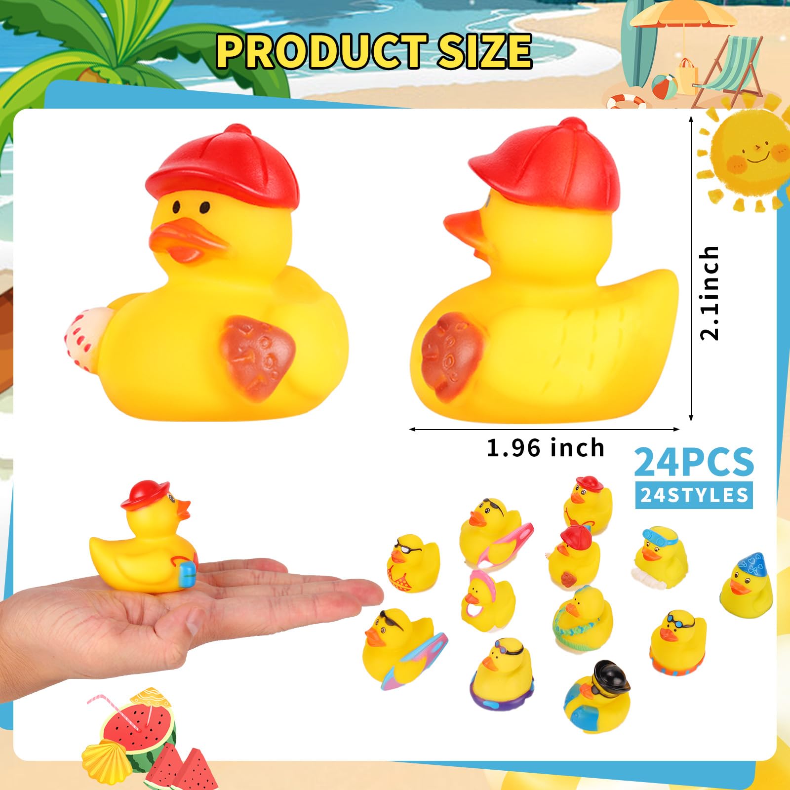 24 Pack Assorted Summer Rubber Duckies - Bulk Beach Party Favors, Pool Toys & Baby Bath Toys for Kids | Perfect for Summer Holidays, Classroom Prizes, and Fun Water Games