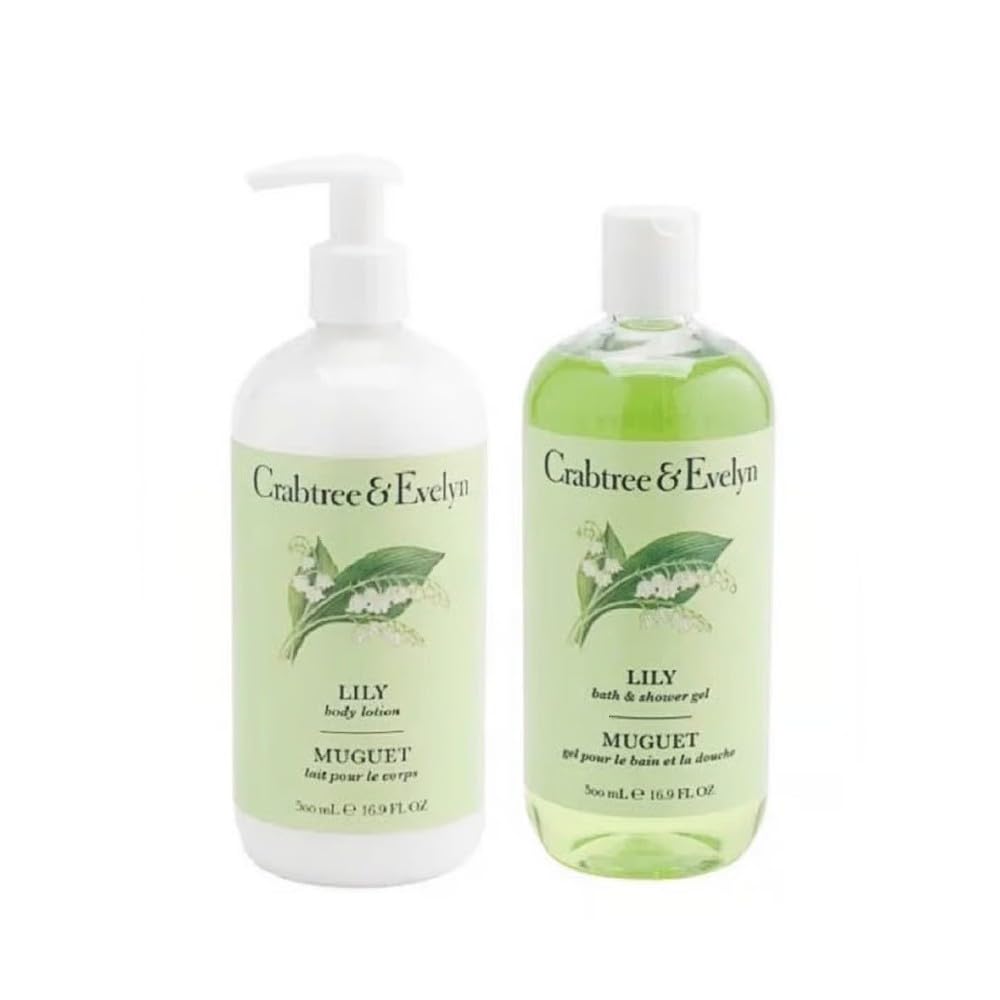 Crabtree & Evelyn Lily of the Valley Bath & Shower Gel and Body Lotion Set - 16.9 fl oz Each | Luxury Fragrant Skincare Gift for Women, Perfect for Spa Days & Relaxing Bath Time