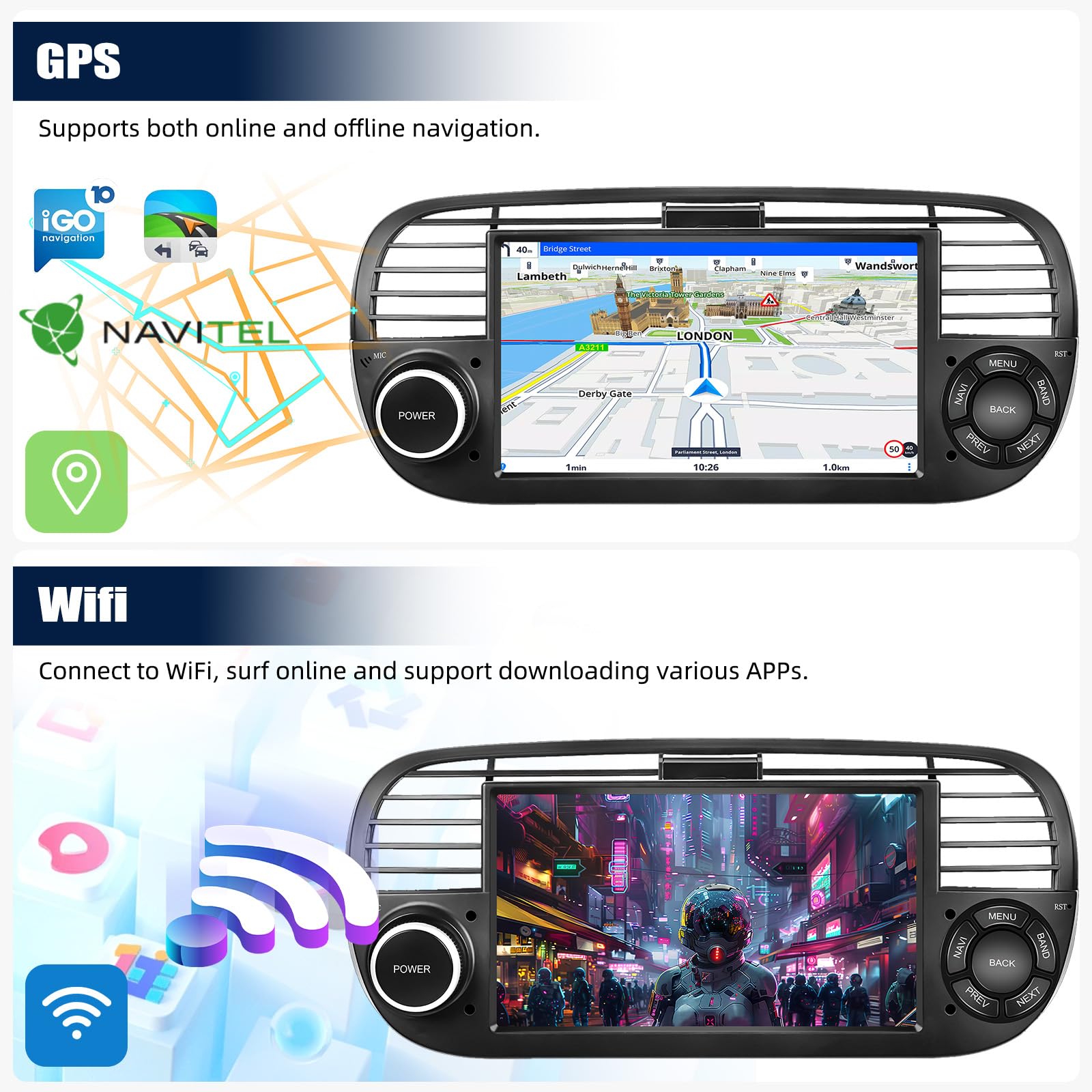 CAMECHO 7 Inch Android 13 Car Stereo for Fiat 500 2007-2015 - Wireless Apple CarPlay & Android Auto, Double Din Touchscreen with GPS Navigation, Bluetooth, HiFi Audio, WiFi, FM Radio & Rear View Camera - Perfect for Upgrading Your Car Entertainment System
