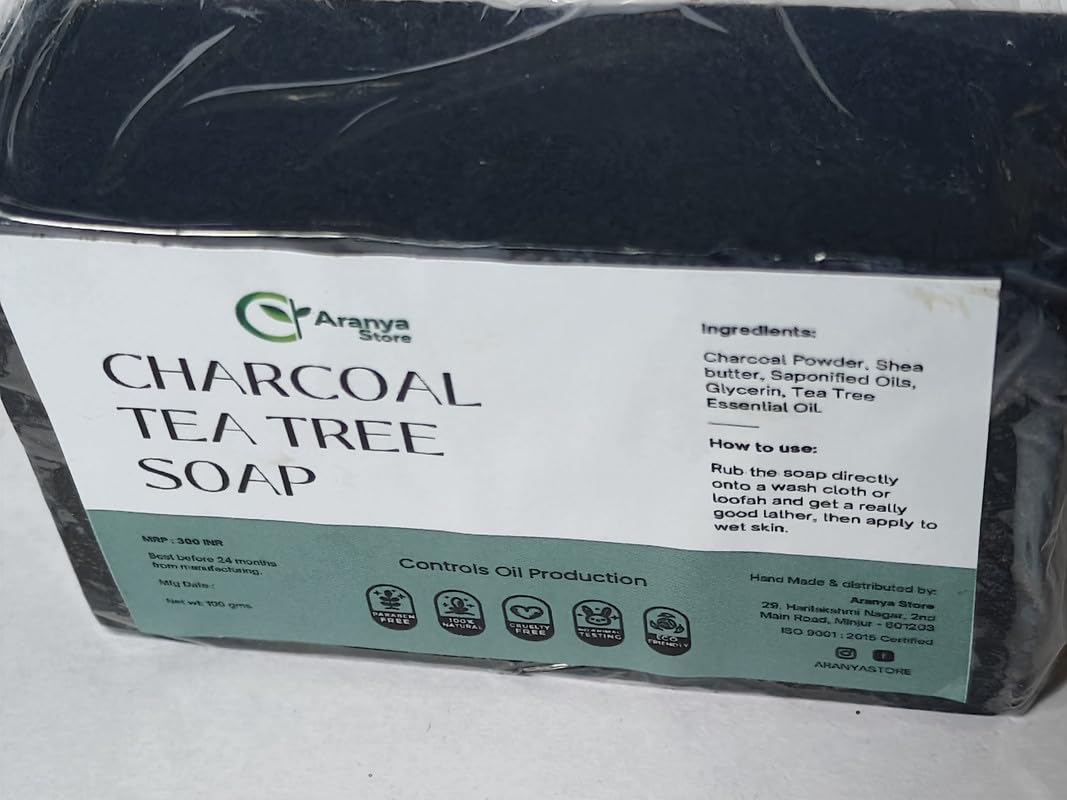 **Aranya Store Natural Charcoal Tea Tree Soap for Acne & Oily Skin – Deep Cleansing, Exfoliating & Detoxifying Facial & Body Soap for Clear, Healthy Skin**    *(Use for daily skincare, acne treatment, body detox, and gentle exfoliation – ideal for oily, combination, or sensitive skin.)*