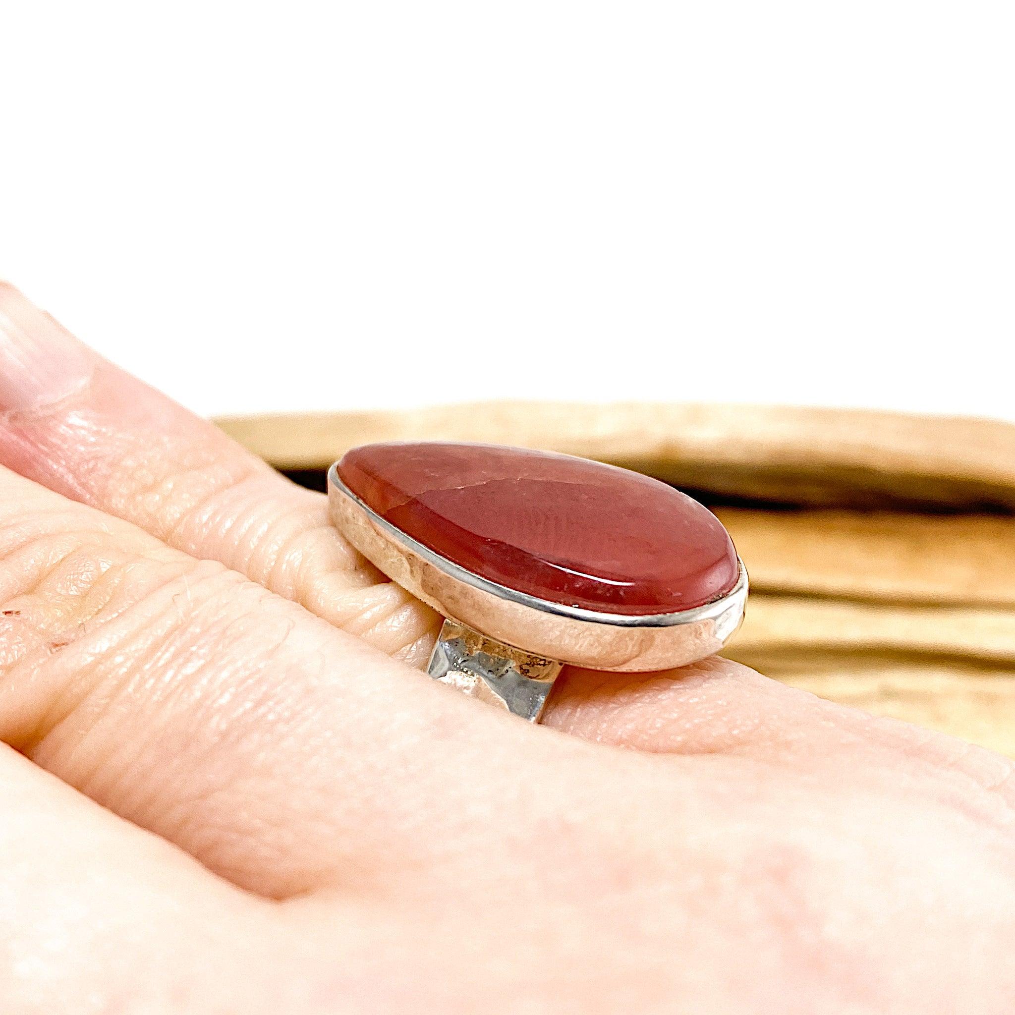 Rhodochrosite Teardrop Cabochon Ring with Beaten Band - Size 7.5 (KRGJ461) - Elegant Handmade Jewelry for Women, Perfect for Weddings, Parties & Special Occasions