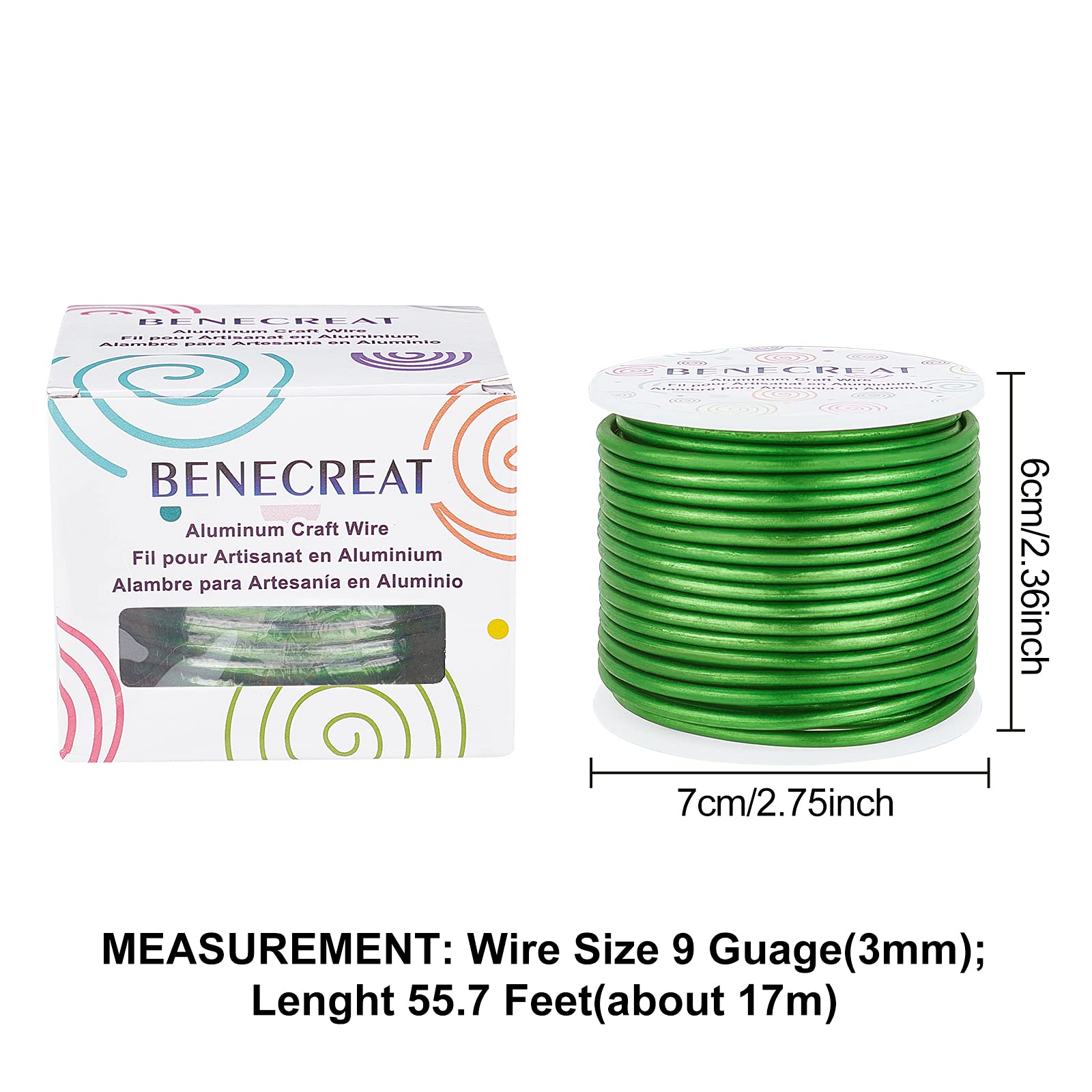 BENECREAT 9 Gauge Matte Green Aluminum Wire - 55ft Tarnish Resistant for Jewelry Making & Gardening