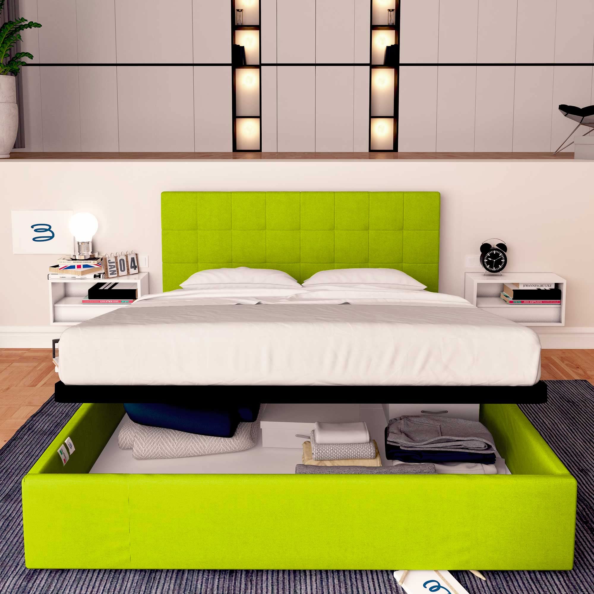 Baldiflex Single Bed with Storage, Dublin Model - Synthetic Leather Upholstery, Slatted Base for Single Mattress, 160 x 200 cm, Elegant Headboard in Apple Green - Perfect for Small Bedrooms, Guest Rooms & Studio Apartments