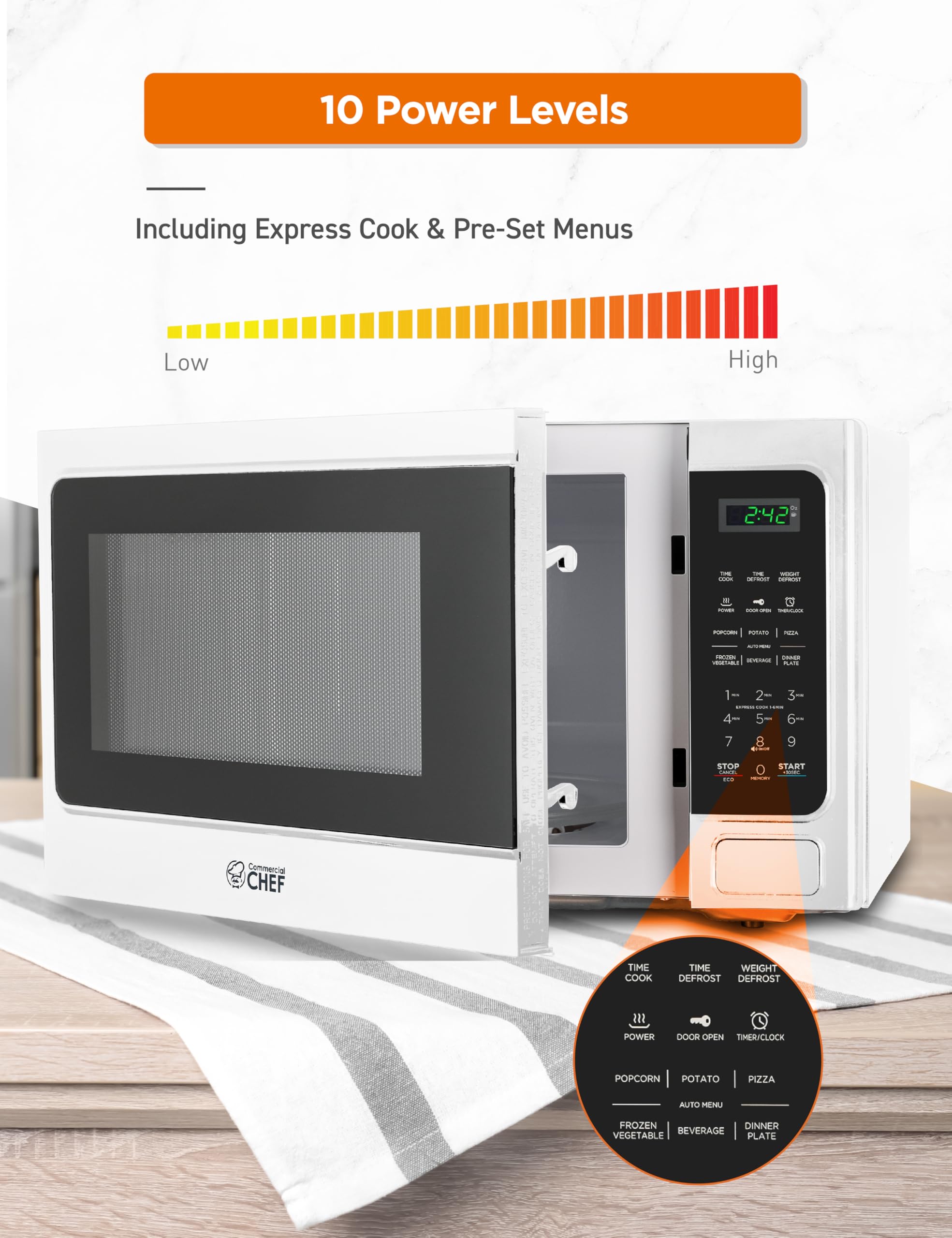 Commercial Chef 1.3 Cu Ft 1000W Countertop Microwave with 10 Power Levels, Push Button Door Lock, Digital Controls & Timer - Perfect for Home Kitchen, Office, Dorm Rooms & Small Spaces (White)