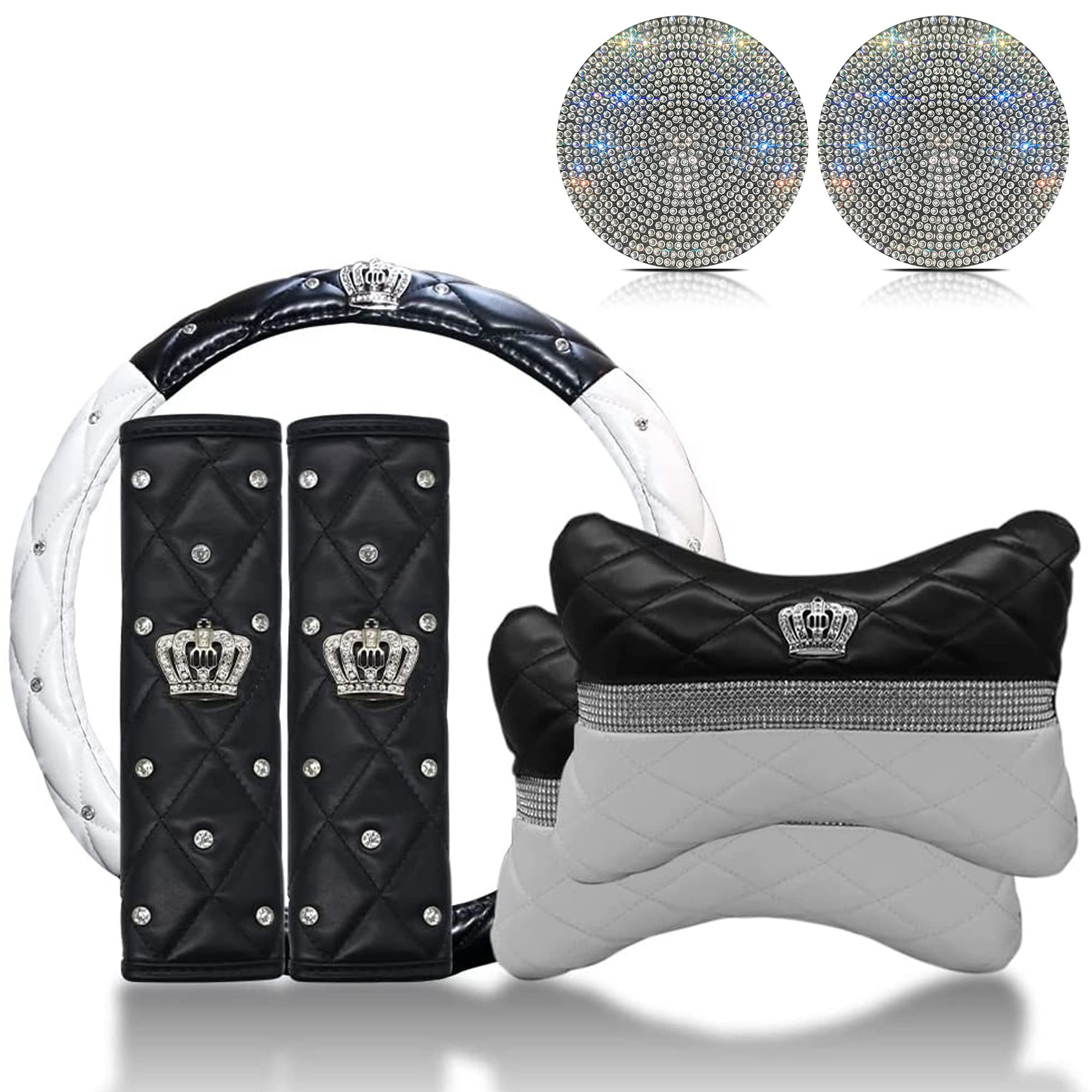 Premium Diamond Crown Car Leather Accessories Set - Luxury Steering Wheel Cover, 2 Headrest Pillows & 2 Seat Belt Pads with Elegant Cup Coasters (Black/White) for Mercedes, BMW, Audi - Perfect Gift for Car Enthusiasts & Interior Upgrade